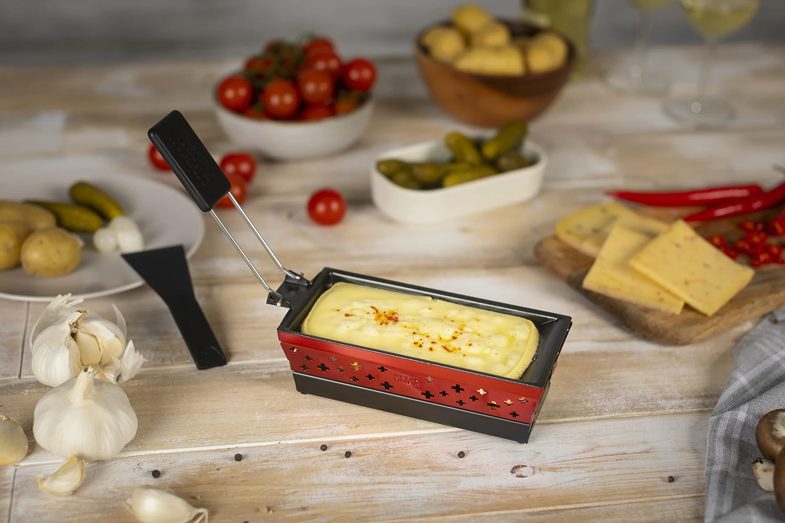 KUHN RIKON Candle Light Mini zestaw do raclette krzyż, czerwony, nieprzywierające patelnie do grilla