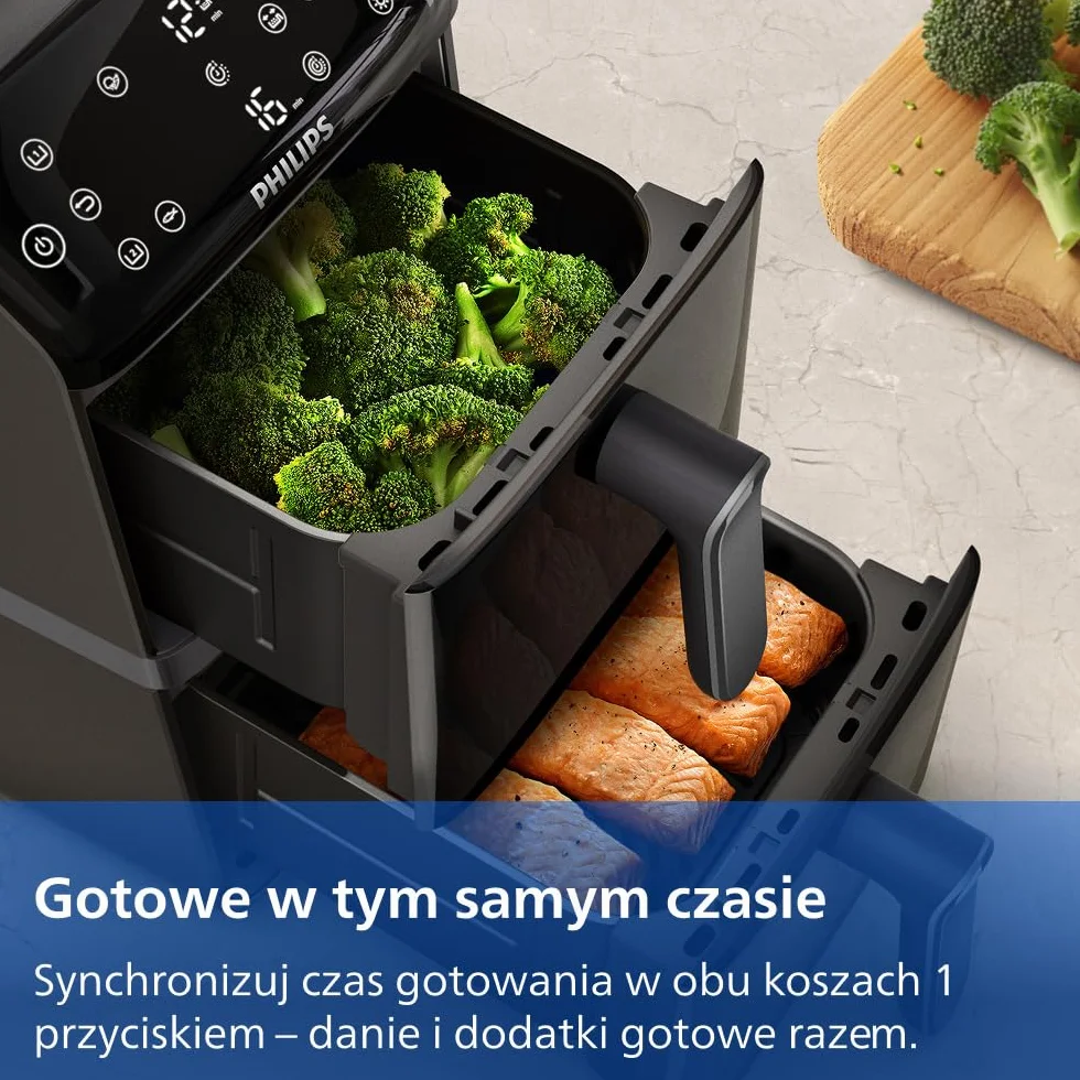 Philips Ovi z serii 4000 z podwójnym koszem 10L – Technologia RapidAir, Synchronizacja, 2 posiłki jednocześnie, 45% mniej miejsca na blacie, Powłoka ceramiczna bez PFAS, Okienka podglądu (NA460/00)