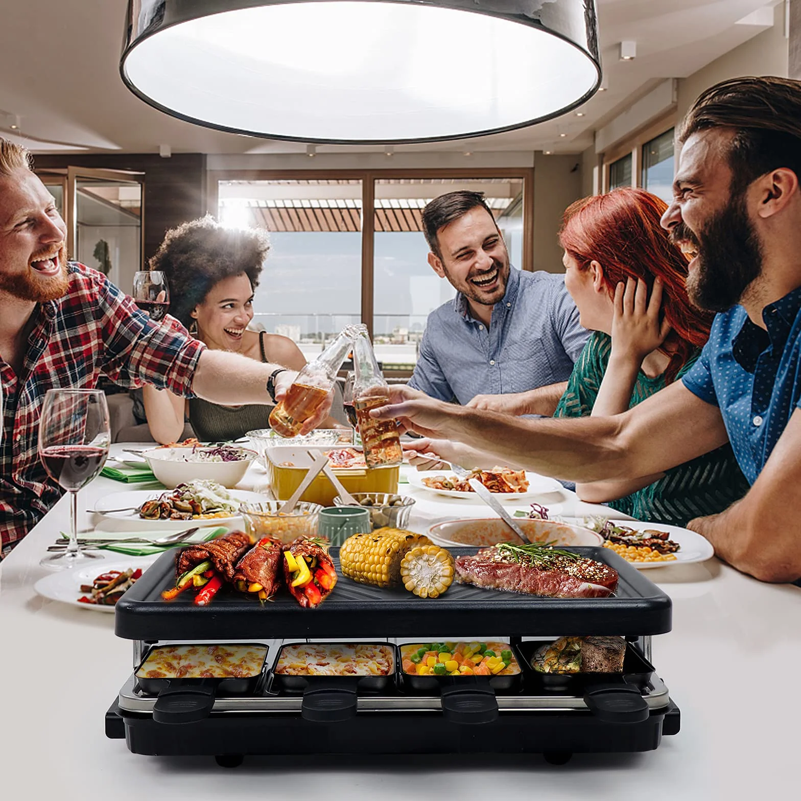 Elektryczny grill stołowy raclette dla 8 osób z powłoką nieprzywierającą, 8 mini patelenkami i 4 drewnianymi szpatułkami