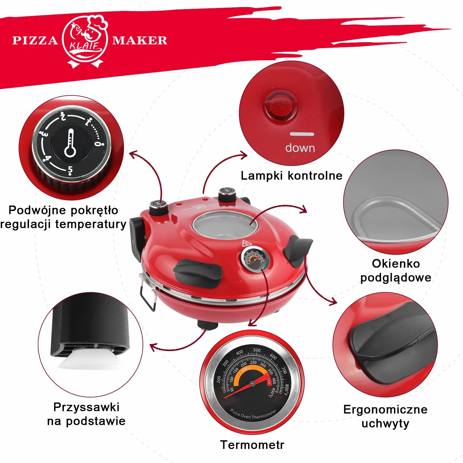 Klaif Elektryczny Piec do Pizzy, Termometr Widoczny & Szklane Okno, Ekspresowa 4-minutowa Piec do Pizzy z Kamieniem Ceramicznym 31cm, 5 Ustawień Temperatury (max 420°C), 1200W, LM-Czerwony