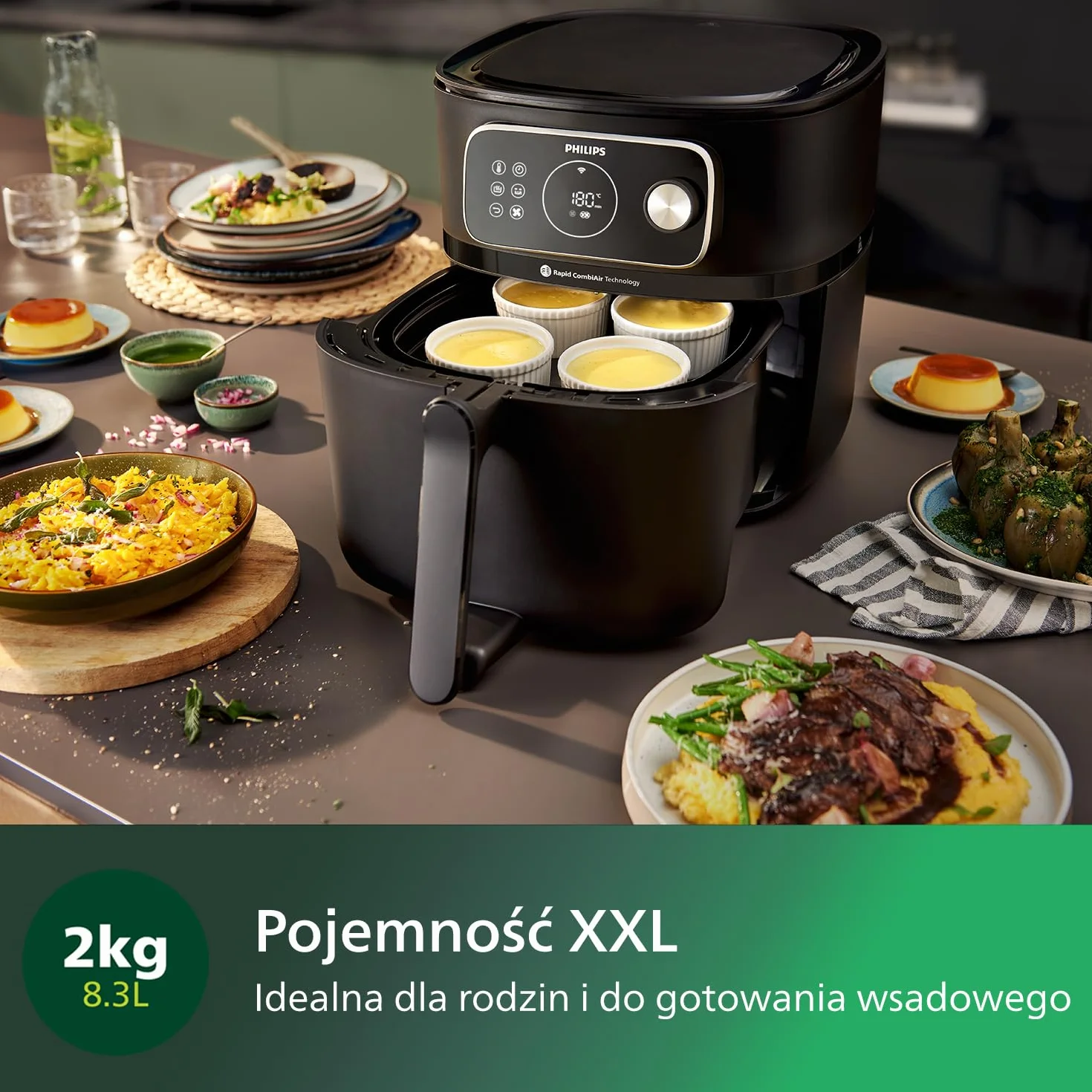 Philips Frytkownica Beztłuszczowa Combi 7000 Seria XXL 8,3 L 2 kg 22-w-1 WiFi Rapid CombiAir HD9876/90 Czarny