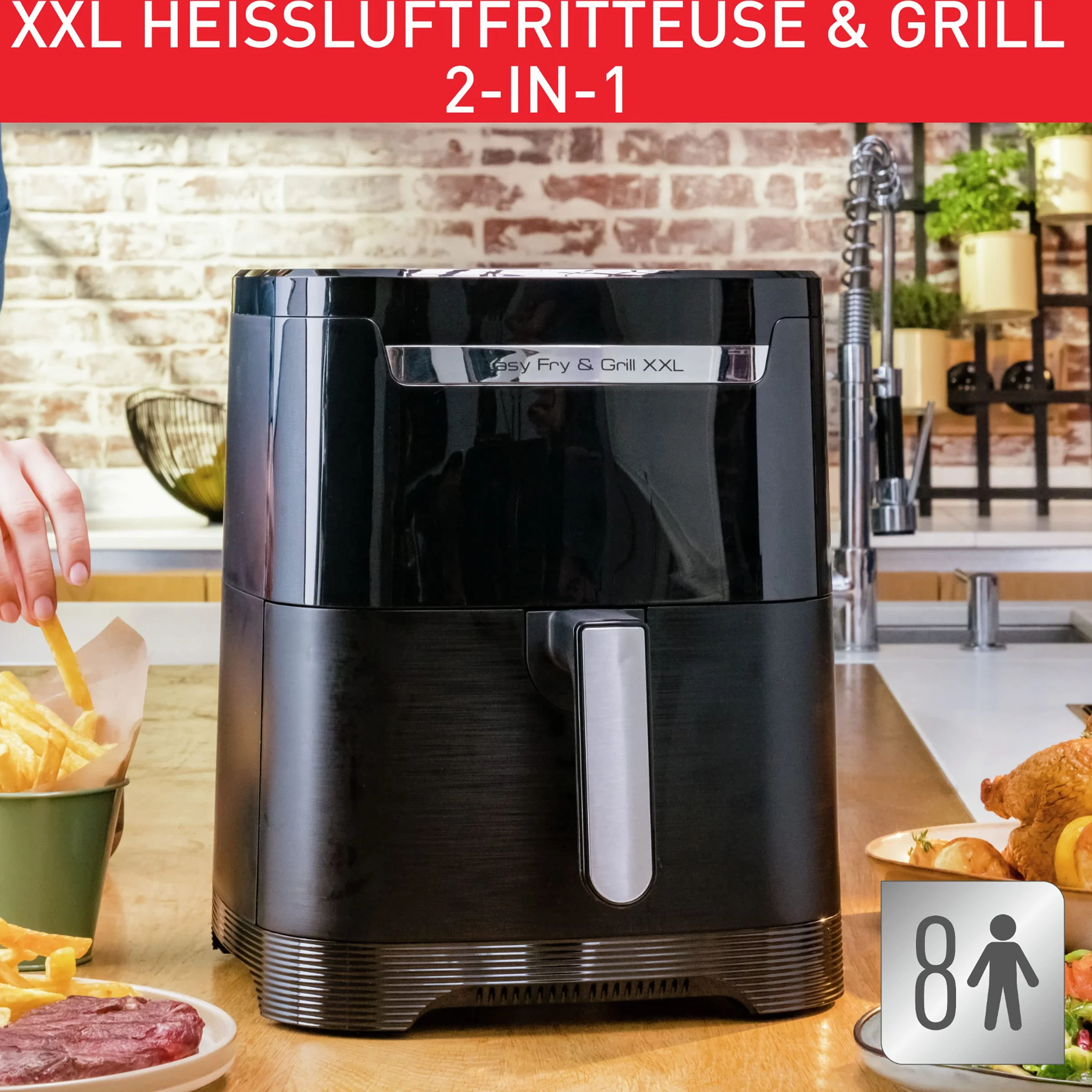 TEFAL EY8018 Easy Fry&Grill XXL Frytkownica beztłuszczowa/ grill 2w1, 6,5l pojemności, wkładka flexcook 2 dania jednocześnie, smażenie bez oleju, 70% oszczędności energii, 8 programów, 8 osób, czarna