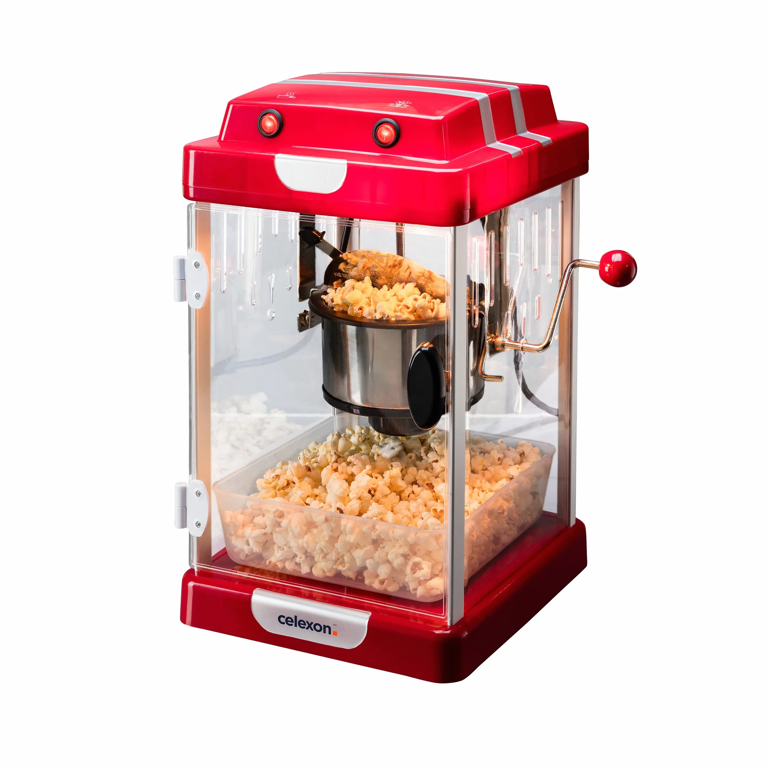 celexon CinePop CP1000 maszyna do popcornu – 24,5 x 28 x 43 cm – czerwony retro/kinowy design – czajnik ze stali nierdzewnej – urządzenie do robienia popcornu z wbudowanym mieszadłem