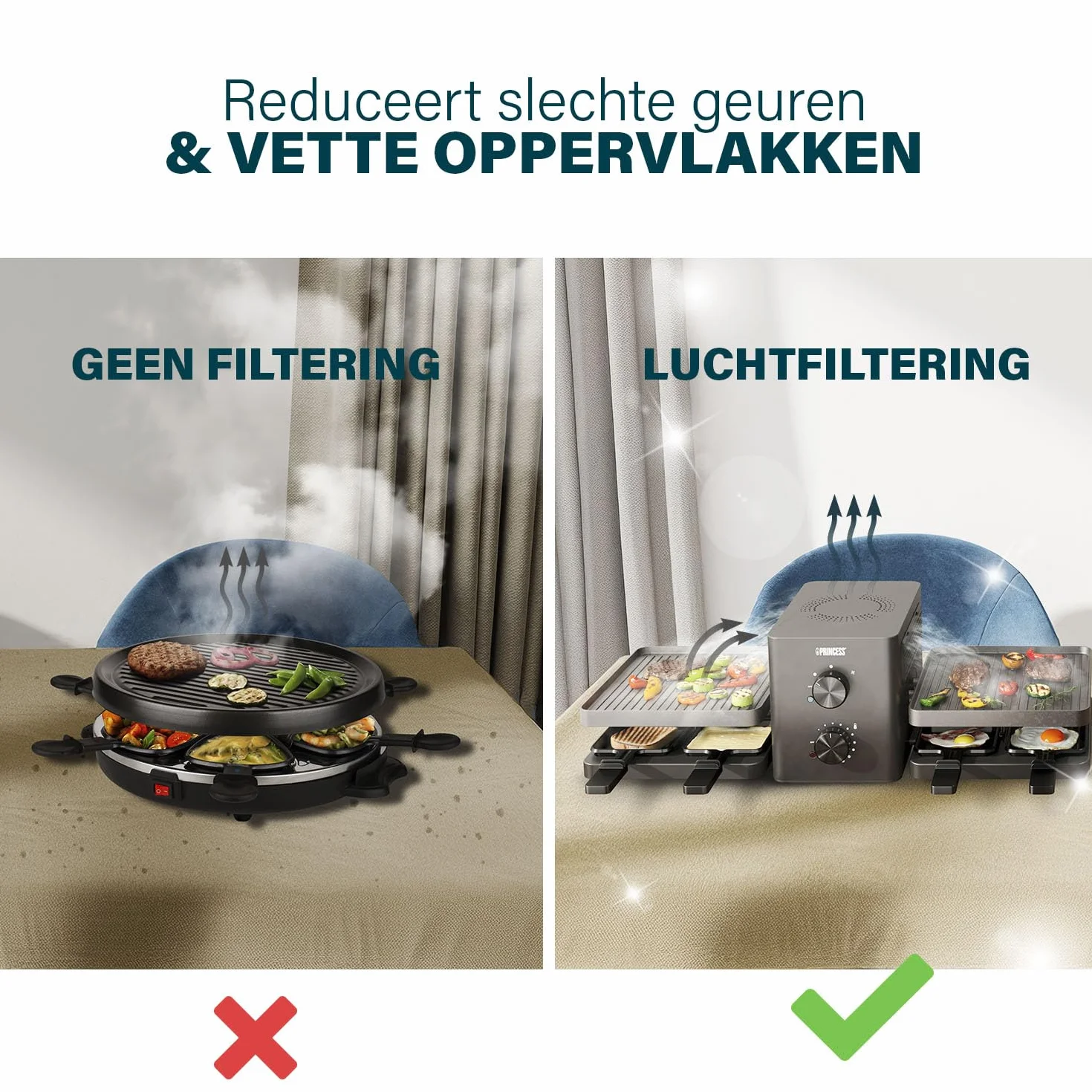 Princess Raclette Purify 8-osobowy zintegrowany system filtrowania powietrza, regulowany termostat, powłoka nieprzywierająca, przewód 2 m