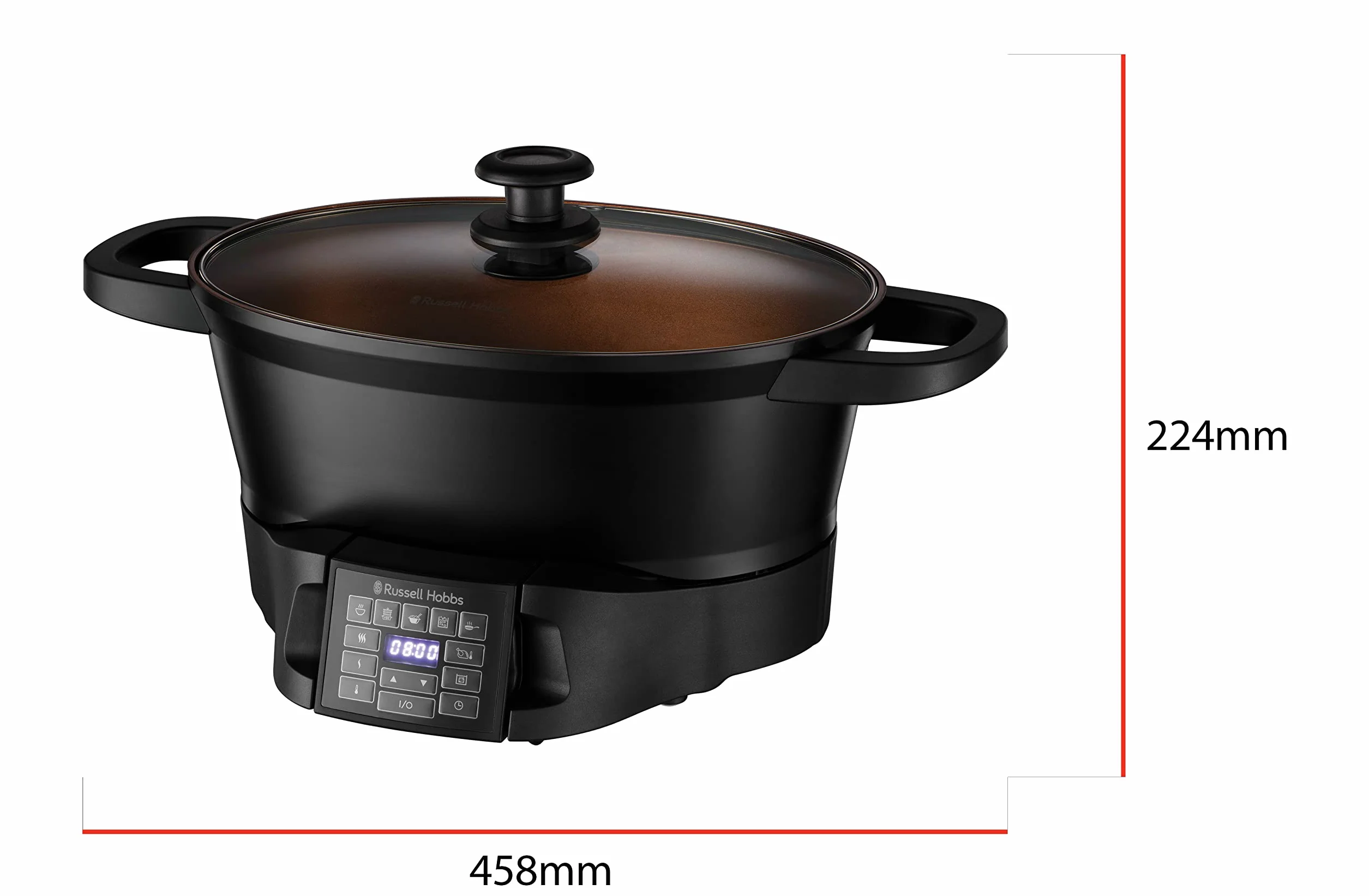 Russell Hobbs multicooker, 8 funkcji, cyfrowy programator i timer, pokrywka ze szkła hartowanego, gotowanie sous-vide, zimne uchwyty, pojemność 6,5l, moc 1000W, czarny, Good To Go 28270-56