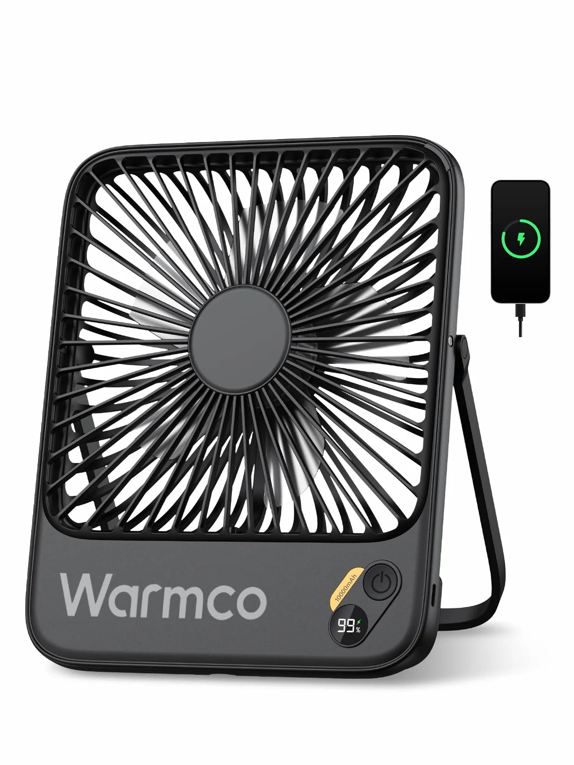 Warmco Wentylator Przenośny 10000mAh Wysokość 21 cm, Max 24h Pracy, Cichy Akumulatorowy Wiatrak Biurkowy z Wyświetlaczem Cyfrowym do Kempingu, Biura, Sypialni