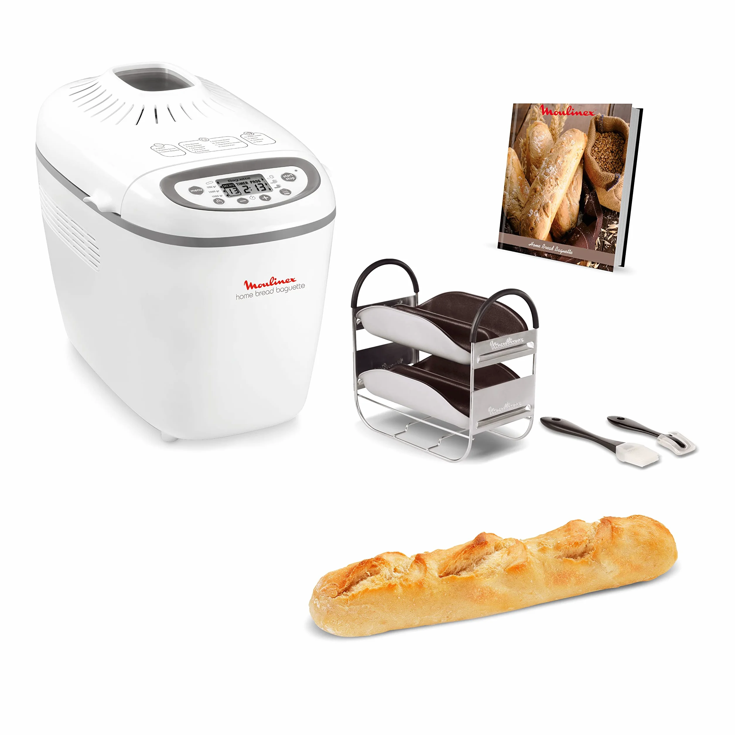 Moulinex OW6101 Home Bread Bagieette automat do pieczenia chleba | na maks. 1,5 kg chleba | 16 programów | chleb domowej roboty | forma do chleba z powłoką zapobiegającą przywieraniu | w zestawie blacha do bagietek i zeszyt z przepisami | kolor biały
