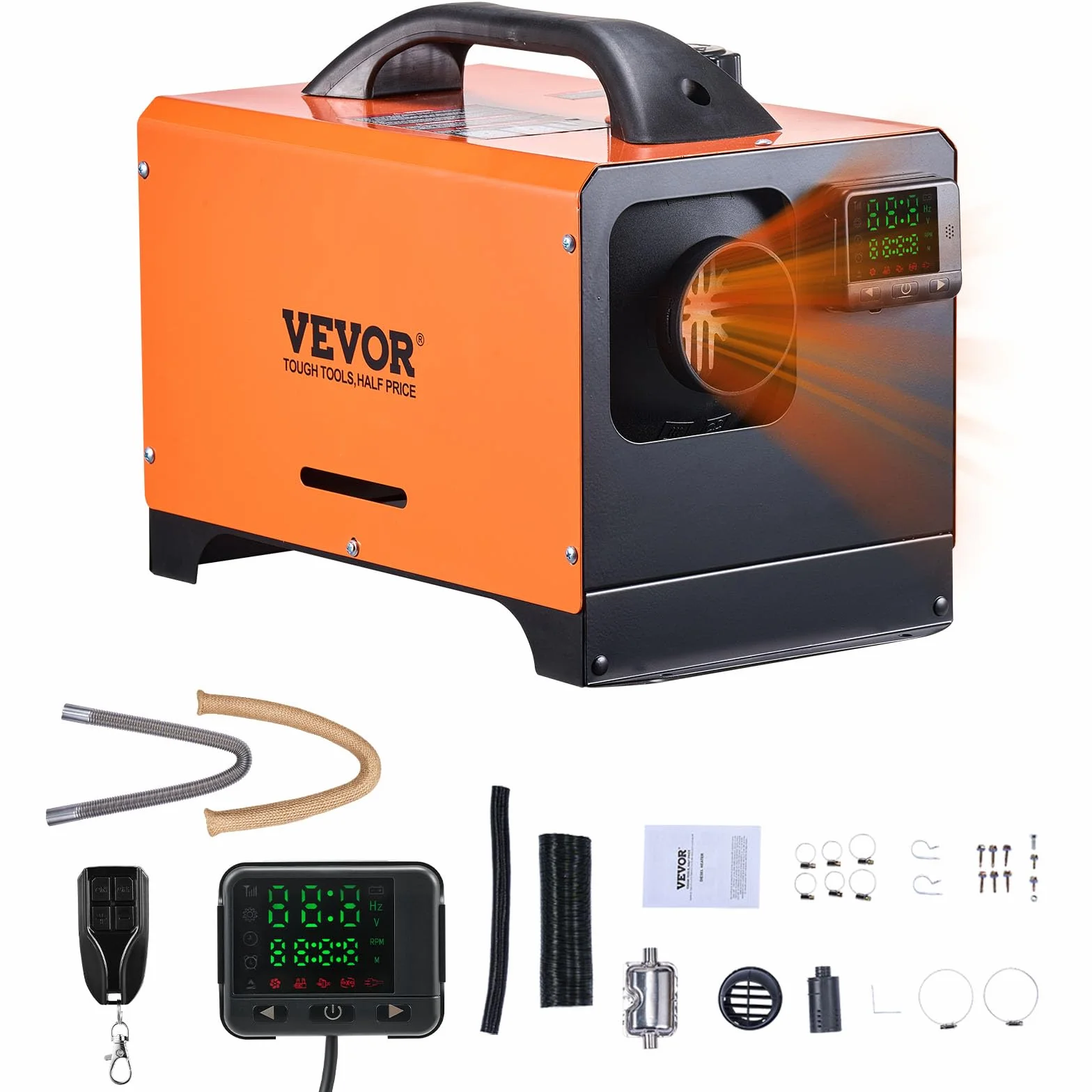VEVOR Przenośny podgrzewacz oleju napędowego All-In-One 12 V 8 kW, podgrzewacz powietrza na olej napędowy, 0,16-0,62 l/h 8-36℃, regulowany 20-25 m², sterowanie LCD i pilot zdalnego sterowania zbiornik