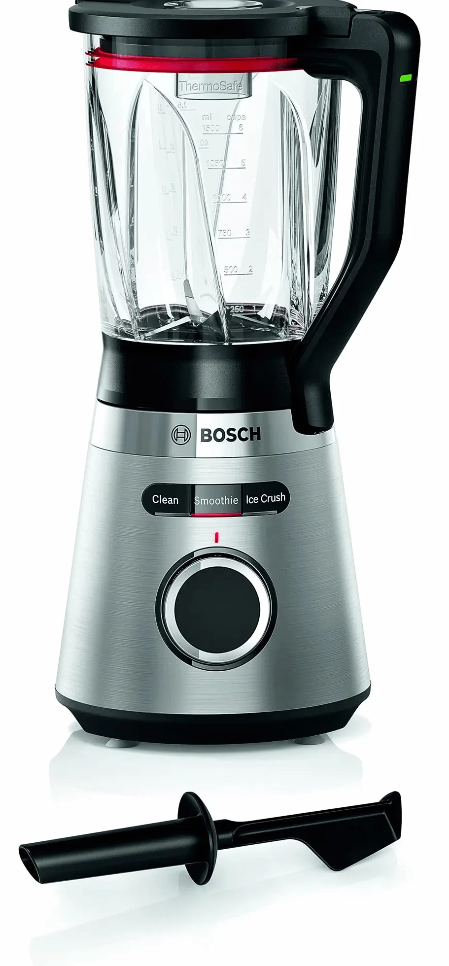 Bosch VitaPower seria 4 MMB6382M, ostrza ze stali nierdzewnej, wyprodukowano w Niemczech, szklany pojemnik ThermoSafe, popychacz, pokrywka bezpieczeństwa, części nadające się do mycia w zmywarce, 30