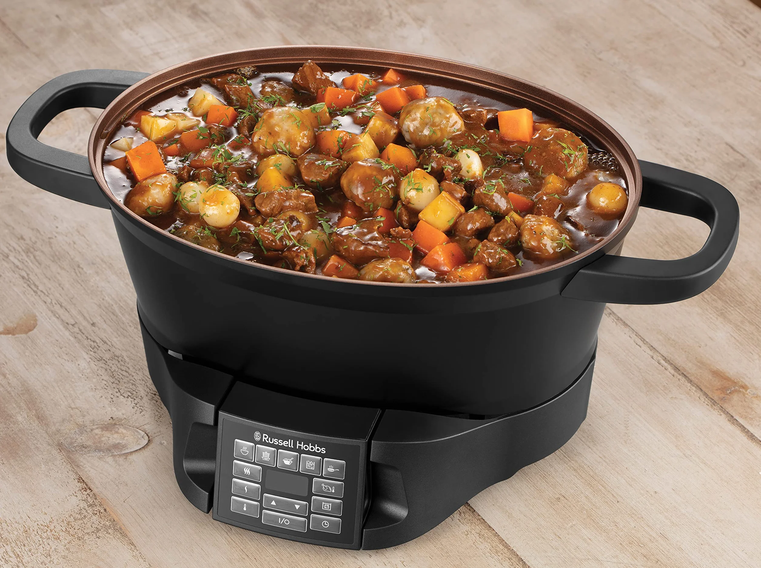 Russell Hobbs multicooker, 8 funkcji, cyfrowy programator i timer, pokrywka ze szkła hartowanego, gotowanie sous-vide, zimne uchwyty, pojemność 6,5l, moc 1000W, czarny, Good To Go 28270-56