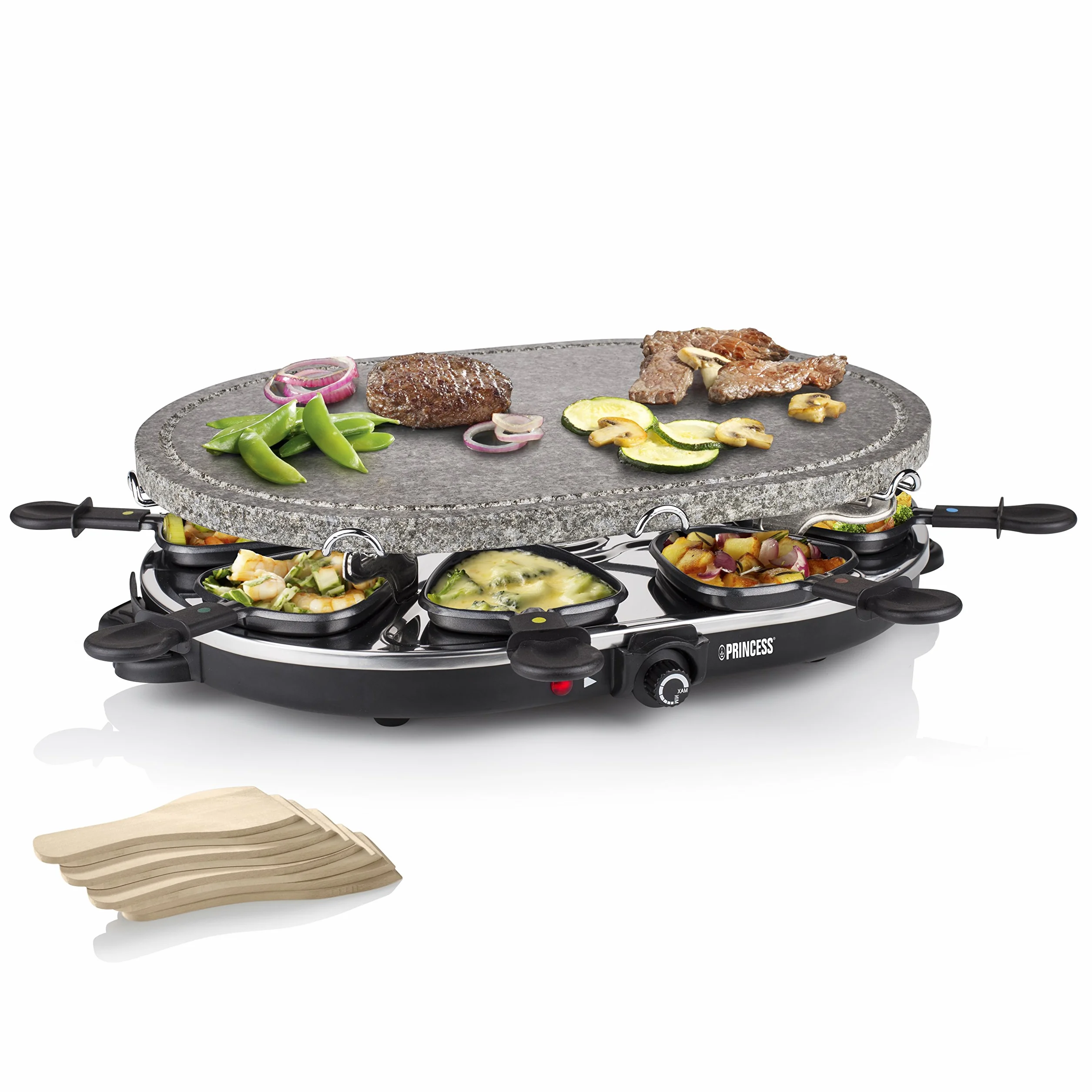 Princess Owalny Grill Do Raclette 1200 W Regulowany Termostat Dla 8 Osób Patelnia z Powłoką Zapobiegającą Przywieraniu
