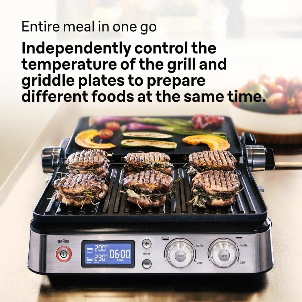 Braun MultiGrill 9 CG 9043 Grill kontaktowy, w zestawie Płyty do grillowania i płaskiego, pozycje grilla: kontakt, grill, piekarnik, płyty odporne na zmywarkę, pojemnik na tłuszcz, maksymalna