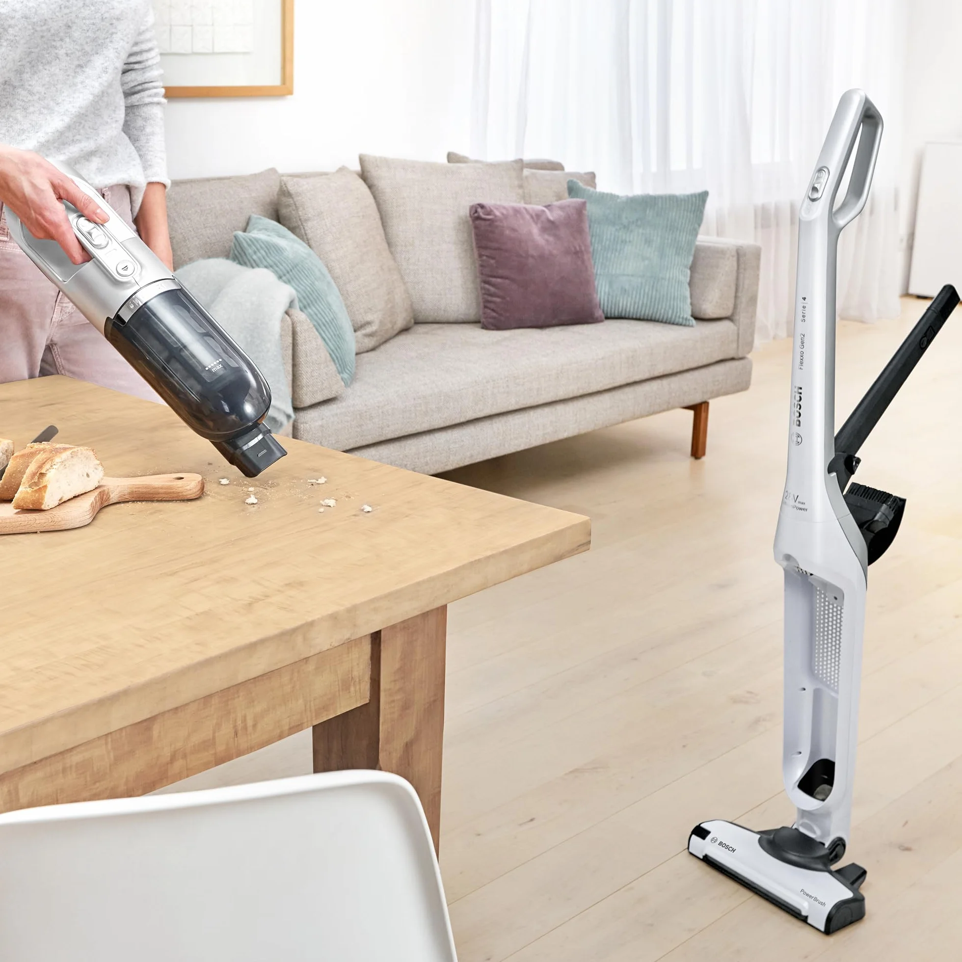 Bosch, Flexxo Gen2 Serie 4, 28 Vmax, 2w1, bezprzewodowy, bezworkowy, odkurzacz ręczny i pionowy, zintegrowane akcesoria, polar white metallic, BBH3ALL28