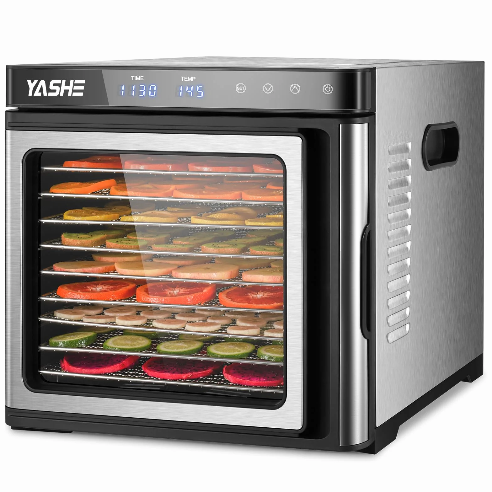 Suszarka ze stali nierdzewnej, 1000 W, urządzenie do suszenia owoców i warzyw z wyświetlaczem LED, precyzyjna regulacja temperatury (35-75°C), 48-godzinny timer, 9 misek ze stali nierdzewnej, 2 sitka