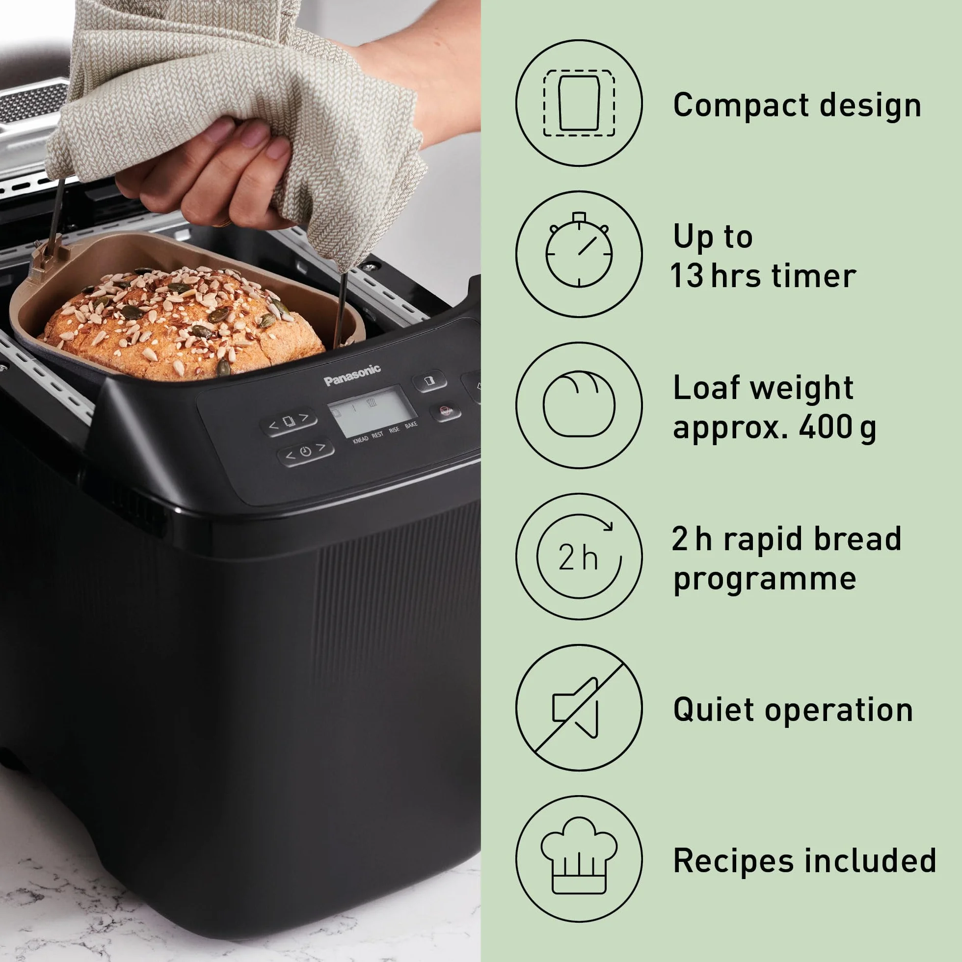 Panasonic SD-PN100KXE automatyczny mini automat do pieczenia chleba dla małych gospodarstw domowych, 4 programy bezglutenowe, kompaktowa konstrukcja, 18 automatycznych programów, wyświetlacz LCD,