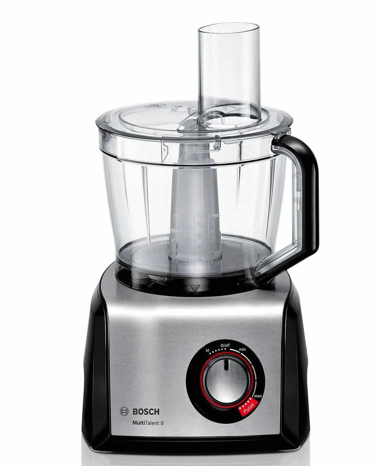 Bosch MultiTalent 8, Robot kuchenny z tarczą do frytek i młynkiem do ziaren, 1250 W, duża misa 3,9 l, mikser 1,5 l, wyciskarka do cytrusów, wyświetlacz LED, MC812M844, biały, szczotkowana stal