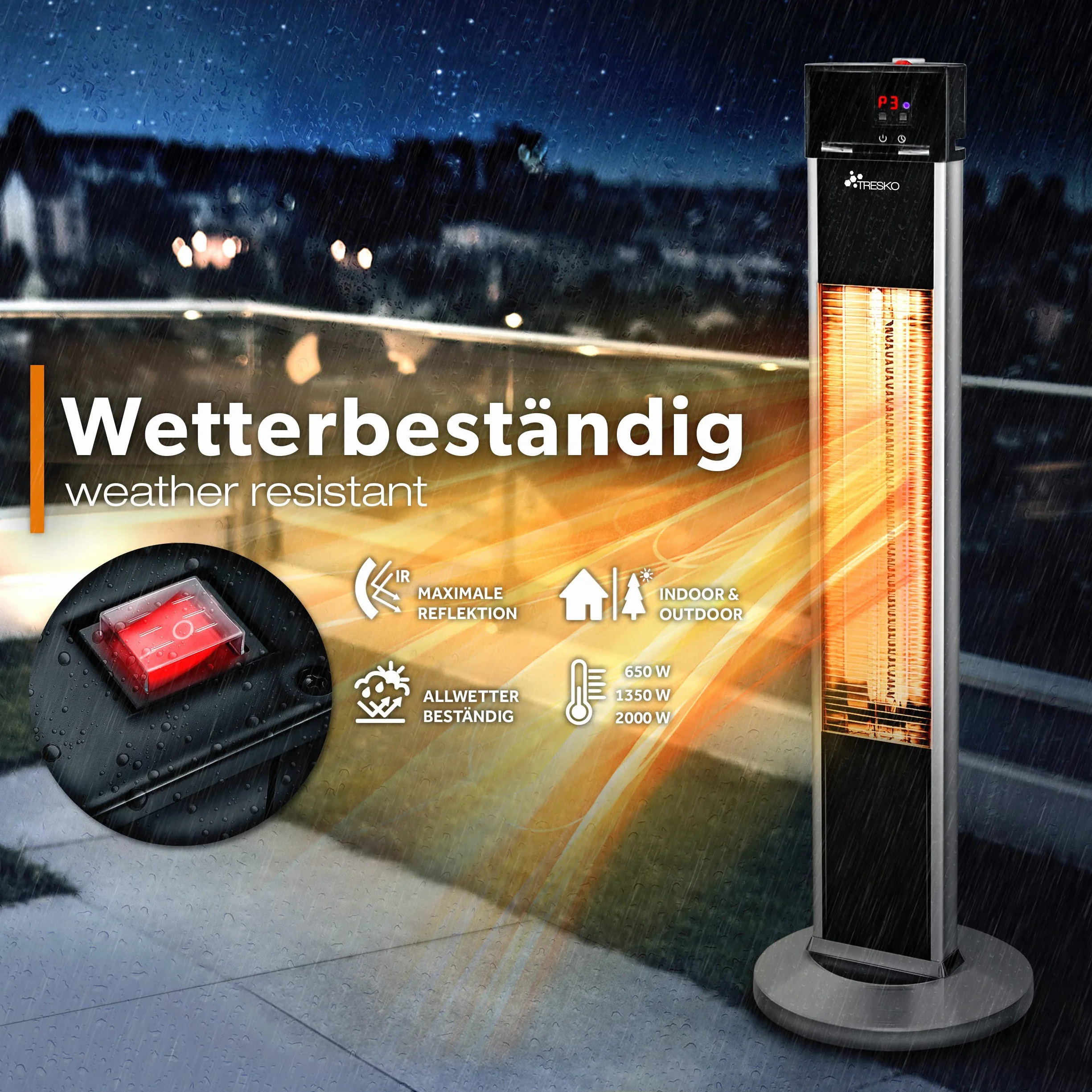 TRESKO Promiennik podczerwieni 2000 W z pilotem zdalnego sterowania | elektryczny promiennik ciepła na taras z 3 stopniami ogrzewania | promiennik tarasowy do wewnątrz i na zewnątrz | promiennik