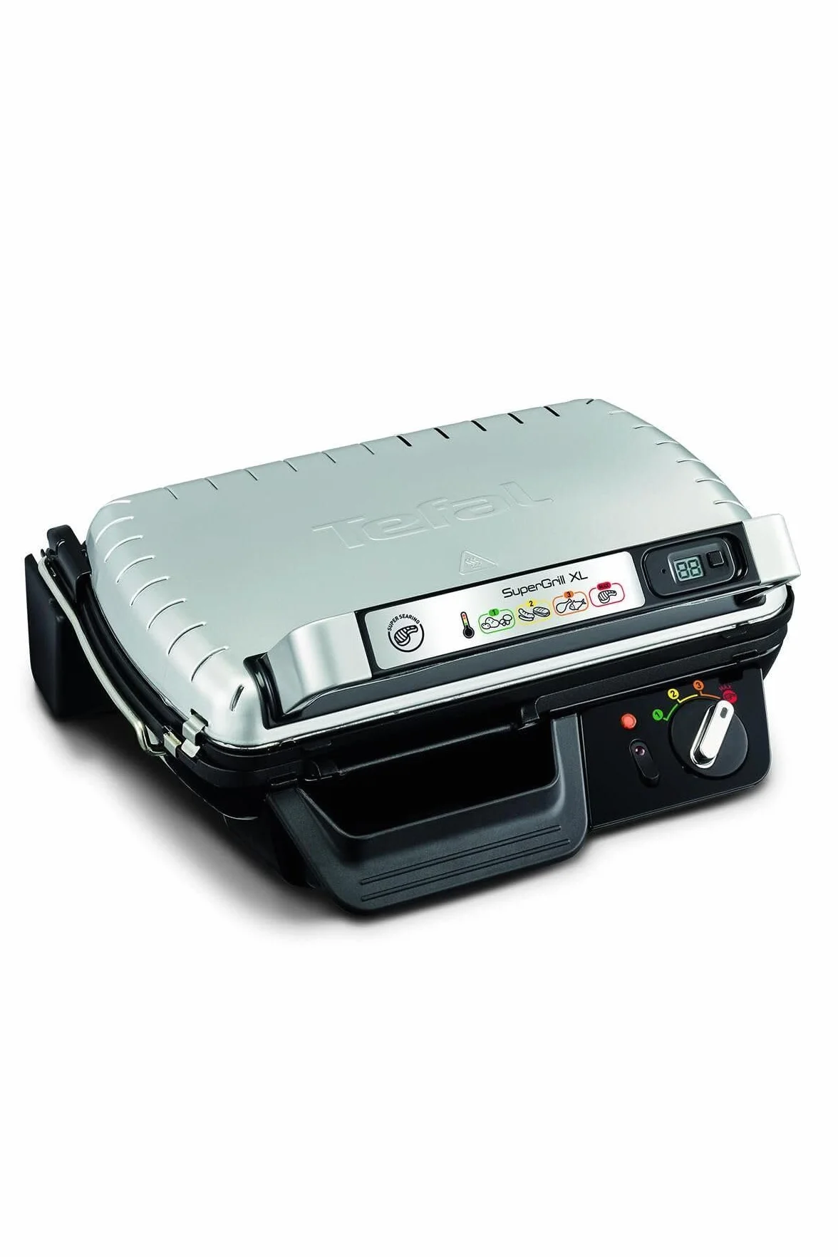 TEFAL GC461B SUPERGRILL XL grill elektryczny z timerem, 4-pozycyjny termostat, Cyfrowy timer, tryb MAX do mocnego obsmażania, moc 2400 W, powierzchnia grillowania XXL, duża tacka ociekowa, srebrny