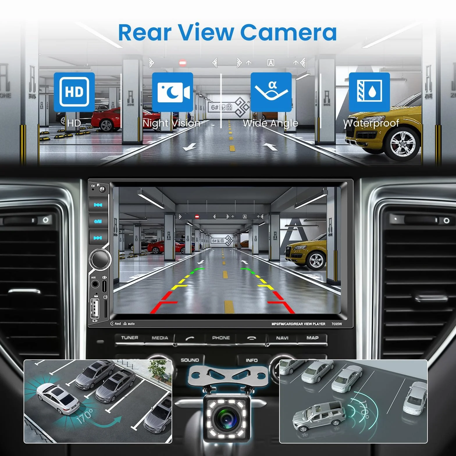 VECHTEL Radio samochodowe 2 DIN z bezprzewodowym Carplay Android Auto, 7-calowy ekran dotykowy, radio samochodowe Bluetooth, radio FM, Typ-C/USB/TF/AUX, MirrorLink, kamera cofania, sterowanie zdalne