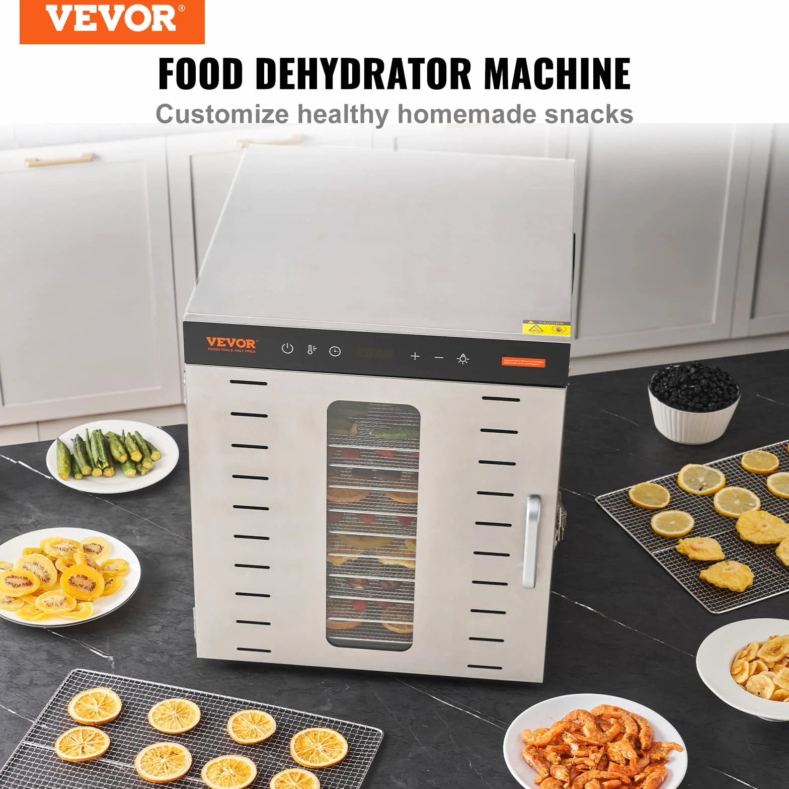 VEVOR Maszyna do odwadniania żywności 10 tacek ze stali nierdzewnej 1000 W Regulowana temperatura 30-90 °C Timer 0,5-48 h