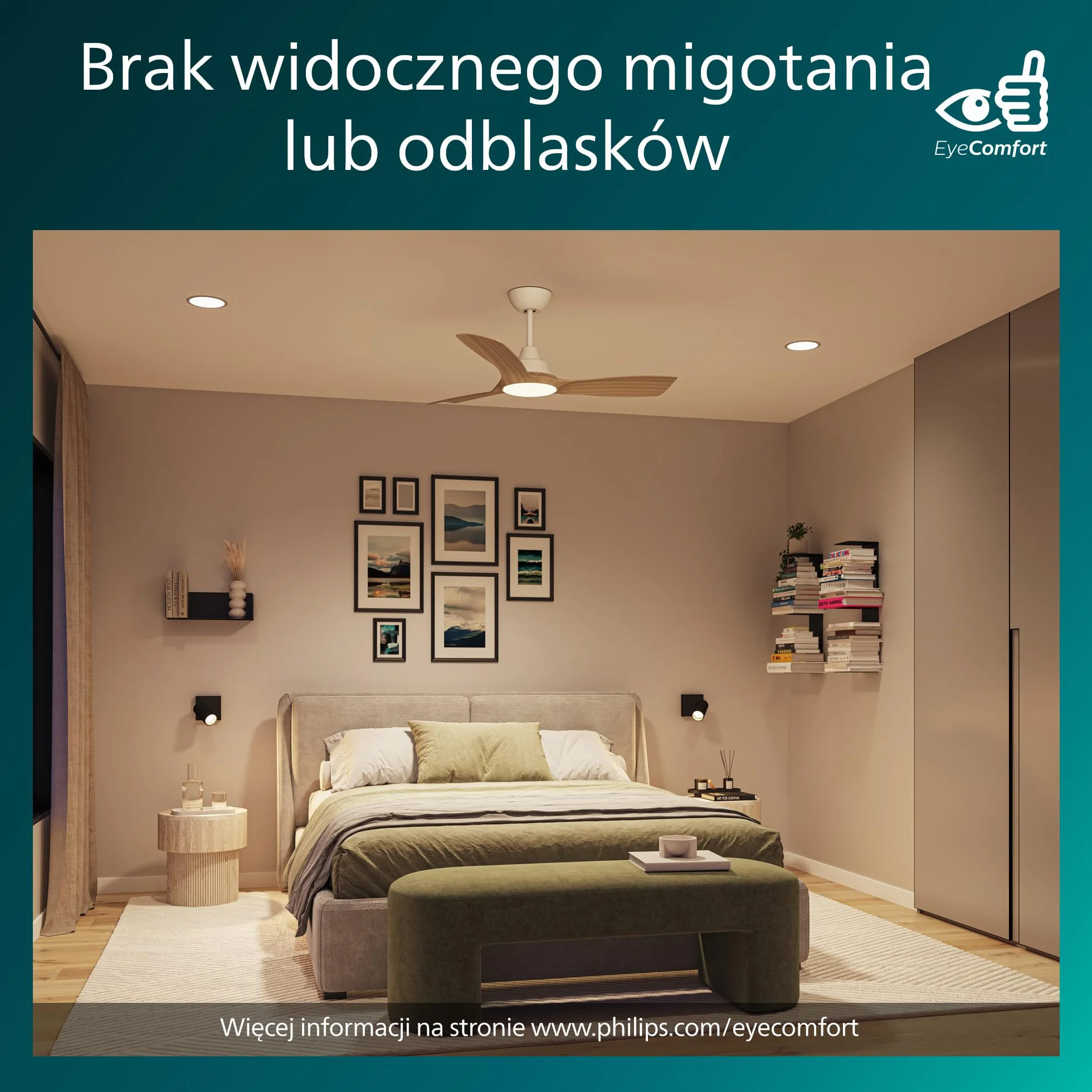 Wentylator sufitowy Philips Olas z 3 łopatkami, światłem LED 24W, silnikiem DC i funkcją regulacji temperatury barwowej (3000K-4300K-6500K) z możliwością przyciemniania, 42",biały, W zestawie pilot.