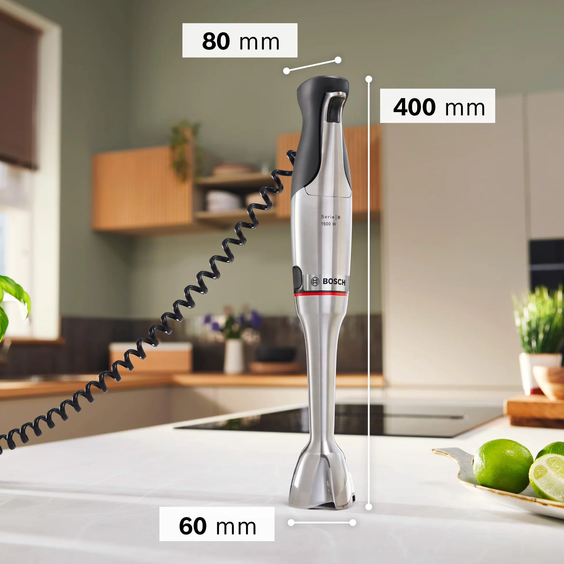 Bosch, blender ręczny, ErgoMaster Serie 8, silnik 1500 W, intuicyjna regulacja prędkości, 6-ramienne ostrze, akcesoria w zestawie, stal nierdzewna, MSM8M930