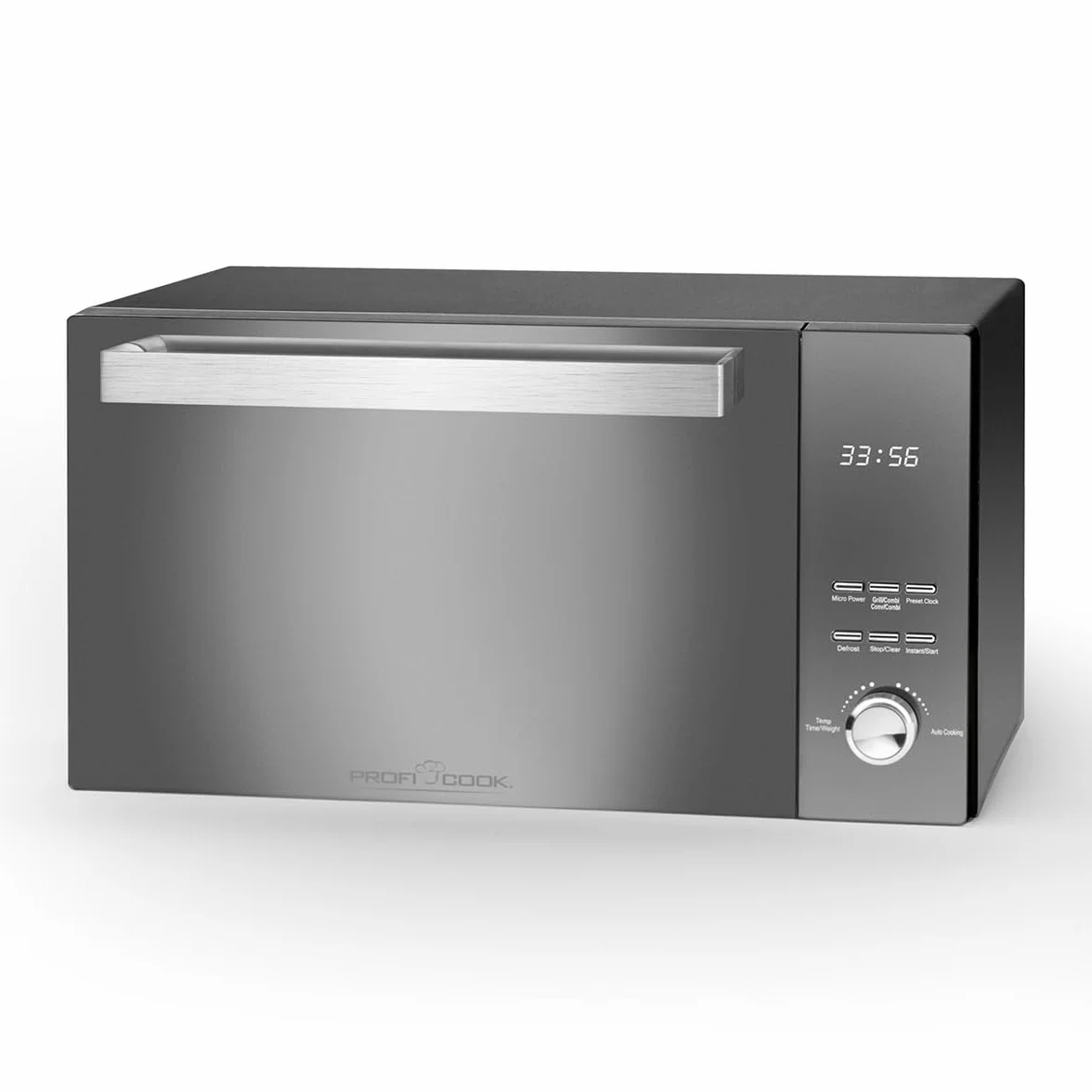 ProfiCook PC-MWG 1204 kuchenka mikrofalowa z grillem, pojemność 23 l, moc kuchenki mikrofalowej 800 W, moc grillowania 1000 W, podwójne przeszklone pionowe drzwi z wysokiej jakości uchwytem ze stali nierdzewnej, kolor czarny