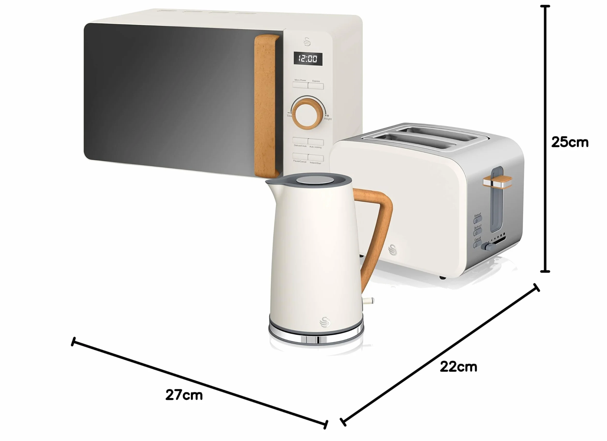 Swan Nordic zestaw śniadaniowy czajnik elektryczny 1,7 l, 2200 W, toster do chleba z szerokim otworem, 2 kromki, kuchenka mikrofalowa 20 l, cyfrowy, nowoczesny design, efekt drewna, biały