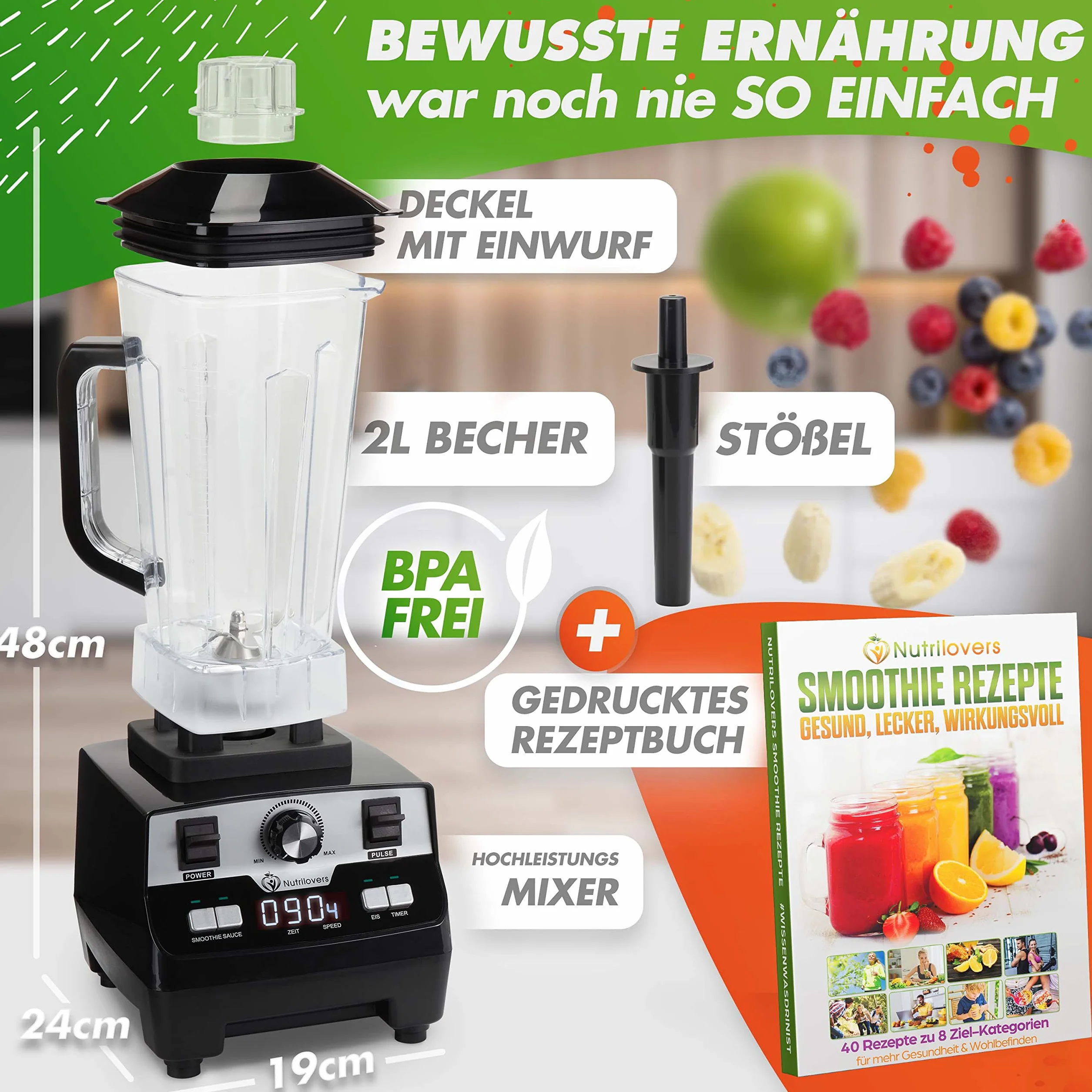 NUTRI-BLENDER MAX Mikser Stojący 2000 W 2 l Tritan Bez BPA 9 Stopni Cyfrowy Timer