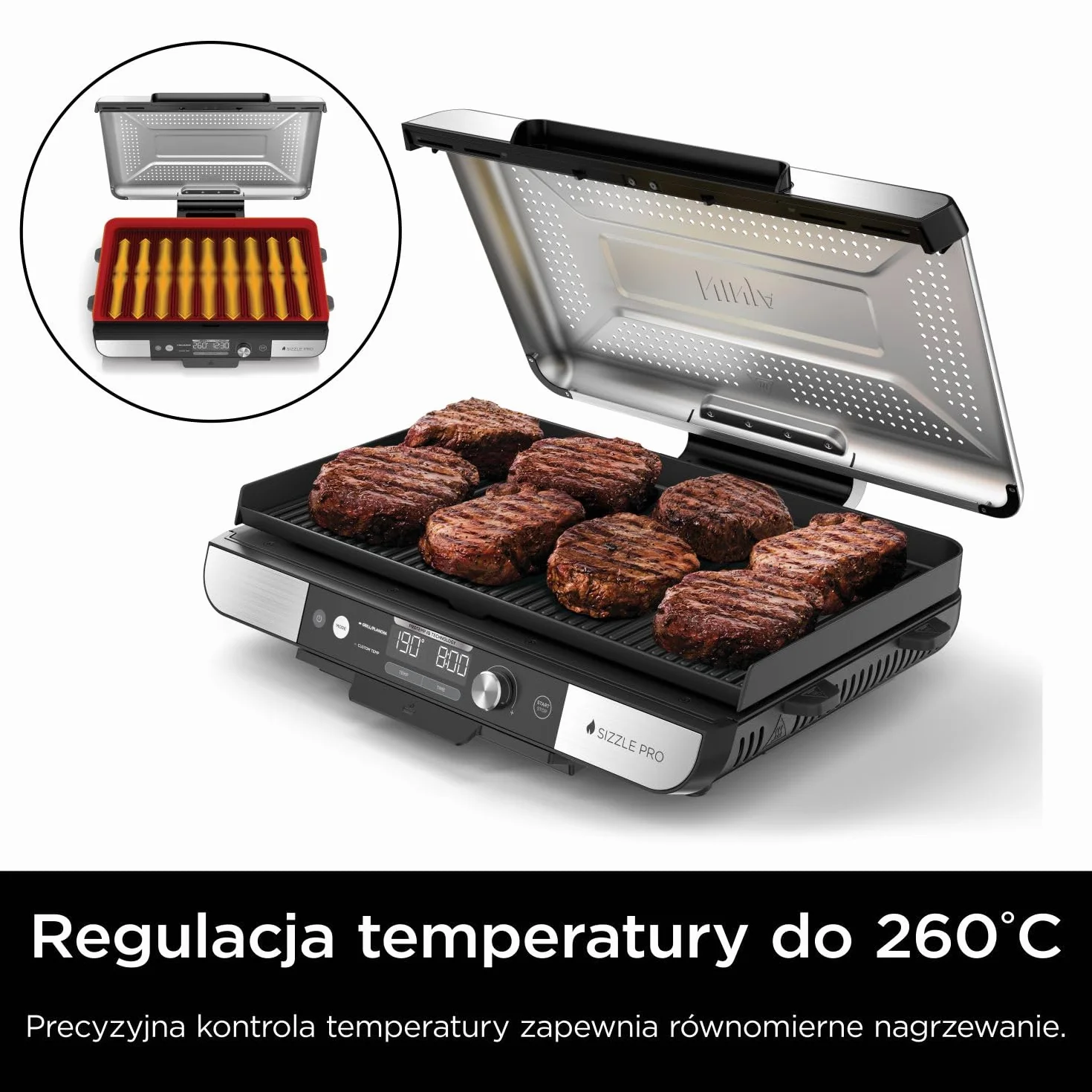 Ninja Sizzle Pro XL Grill z płytą płaską ma płytę grillową z nieprzywierającą powłoką ceramiczną i płaską płytę górną, zdejmowaną pokrywę, tackę na tłuszcz i książkę kucharską, srebrny/czarny GX101EU