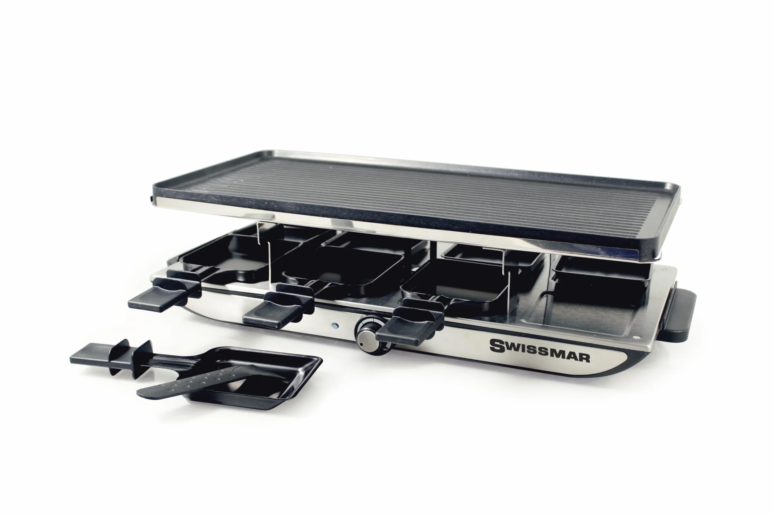 Swissmar Geneva Raclette 8-osobowy grill raclette 1400 W płyta grillowa z odlewu aluminiowego z powłoką zapobiegającą przywieraniu
