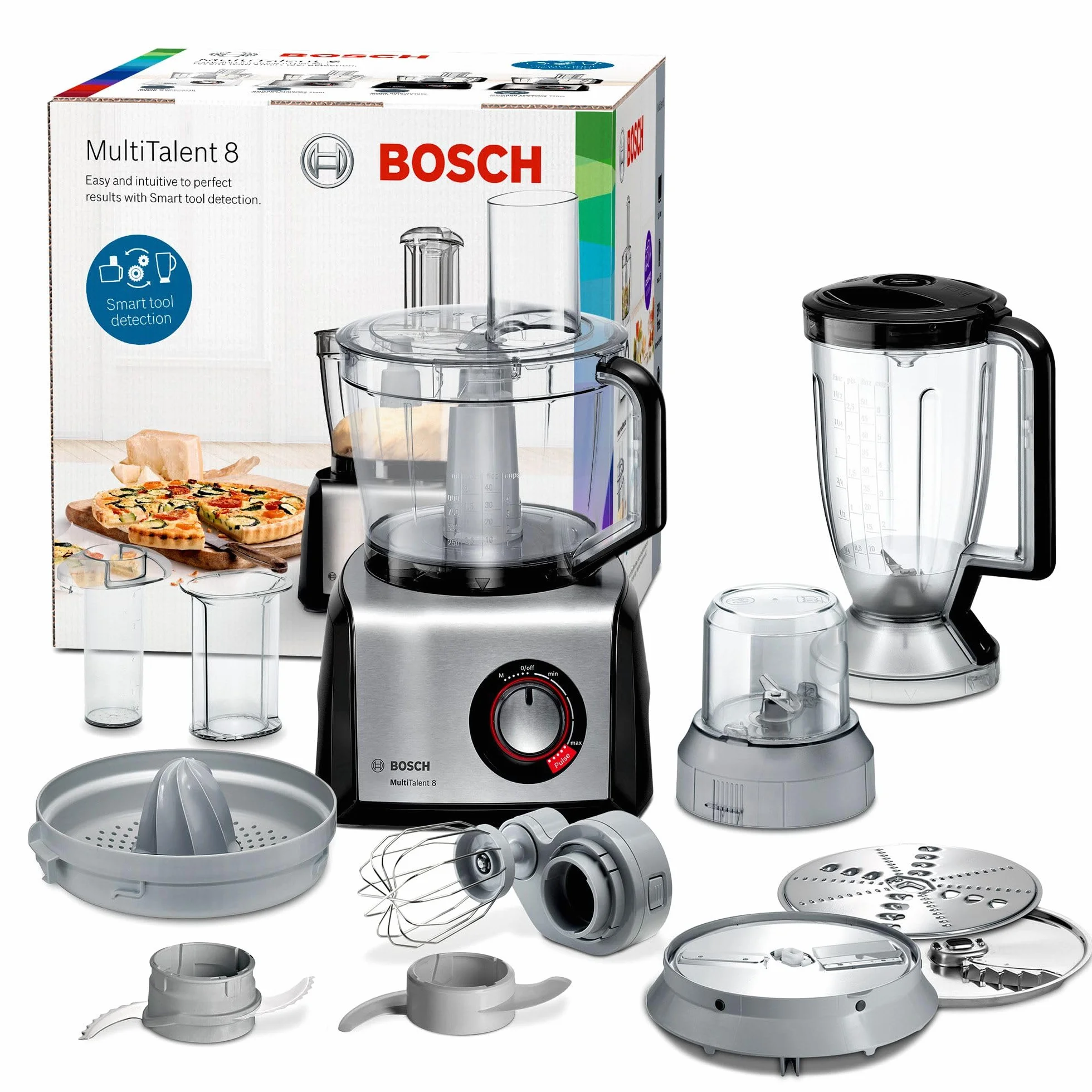 Bosch MultiTalent 8, Robot kuchenny z tarczą do frytek i młynkiem do ziaren, 1250 W, duża misa 3,9 l, mikser 1,5 l, wyciskarka do cytrusów, wyświetlacz LED, MC812M844, biały, szczotkowana stal