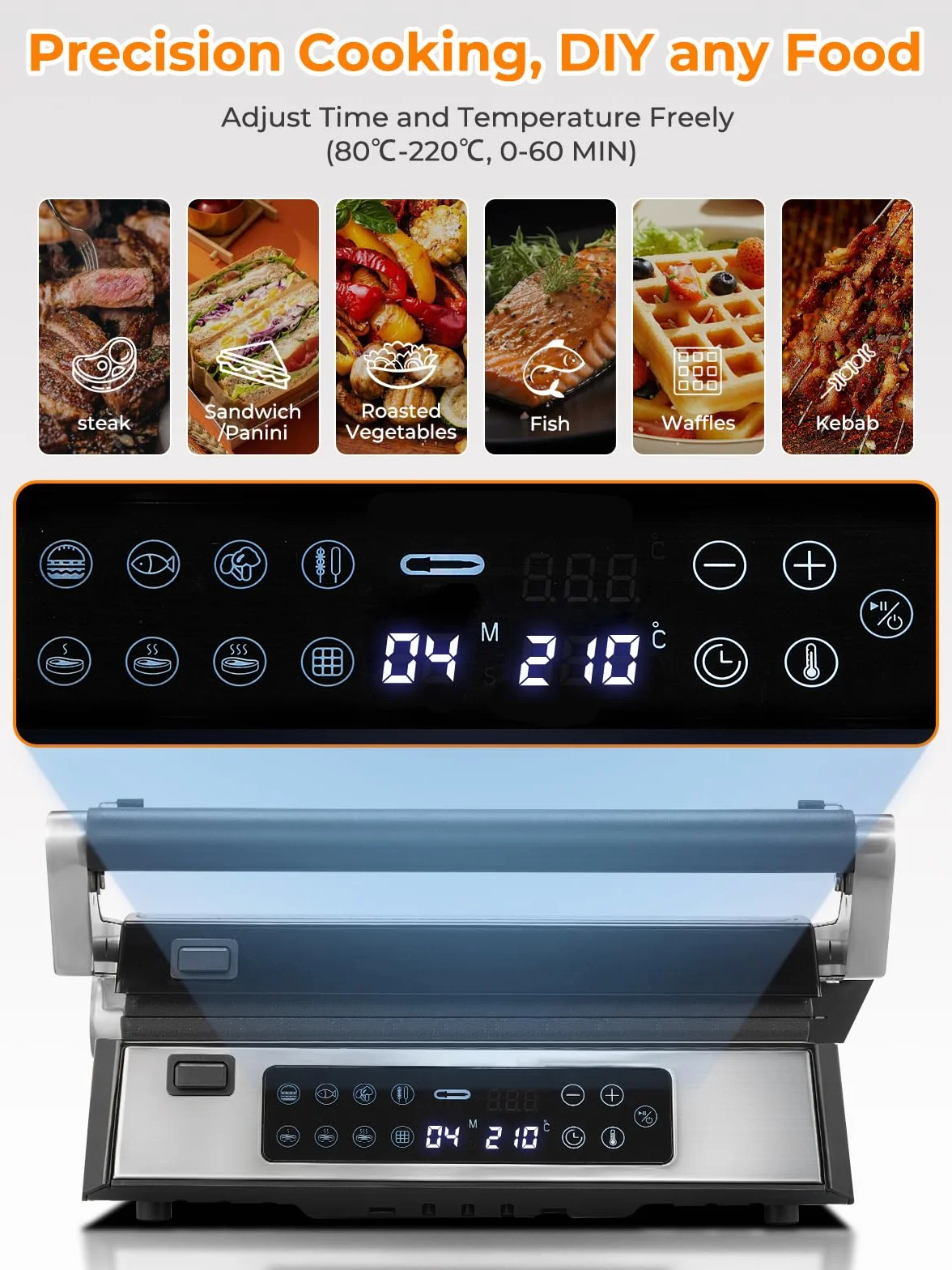 FOHERE Grill kontaktowy XL 4 w 1, opiekacz do kanapek i gofrownica 2200 W, z 4 zdejmowanymi płytami