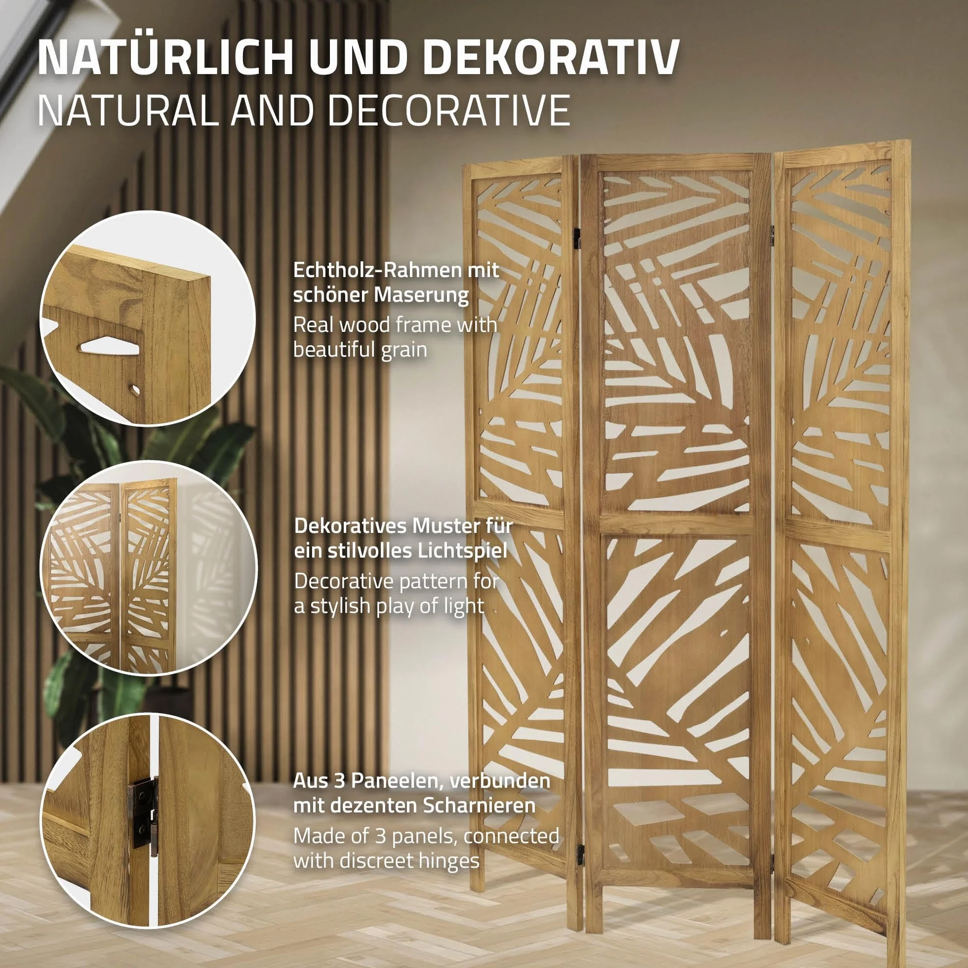 ML-Design Parawan 3-czesciowy Kioto naturalny 170x121 cm Drewniany Skladany Parawan Pokojowy Wolnostojacy Scianka Dzialowa Ekran Prywatnosci Do Przebieralni I Sypialni Panel Oslona Przestrzeni