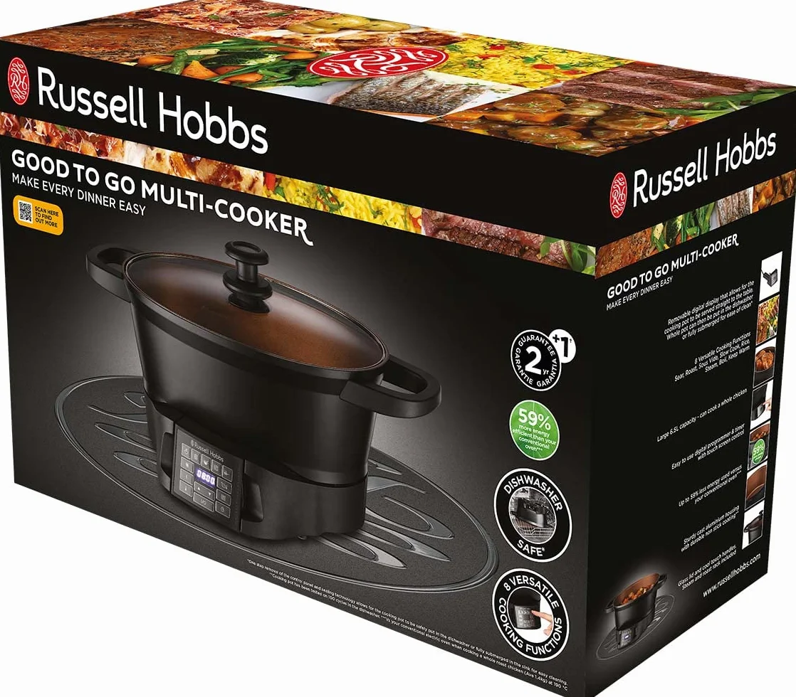 Russell Hobbs multicooker, 8 funkcji, cyfrowy programator i timer, pokrywka ze szkła hartowanego, gotowanie sous-vide, zimne uchwyty, pojemność 6,5l, moc 1000W, czarny, Good To Go 28270-56
