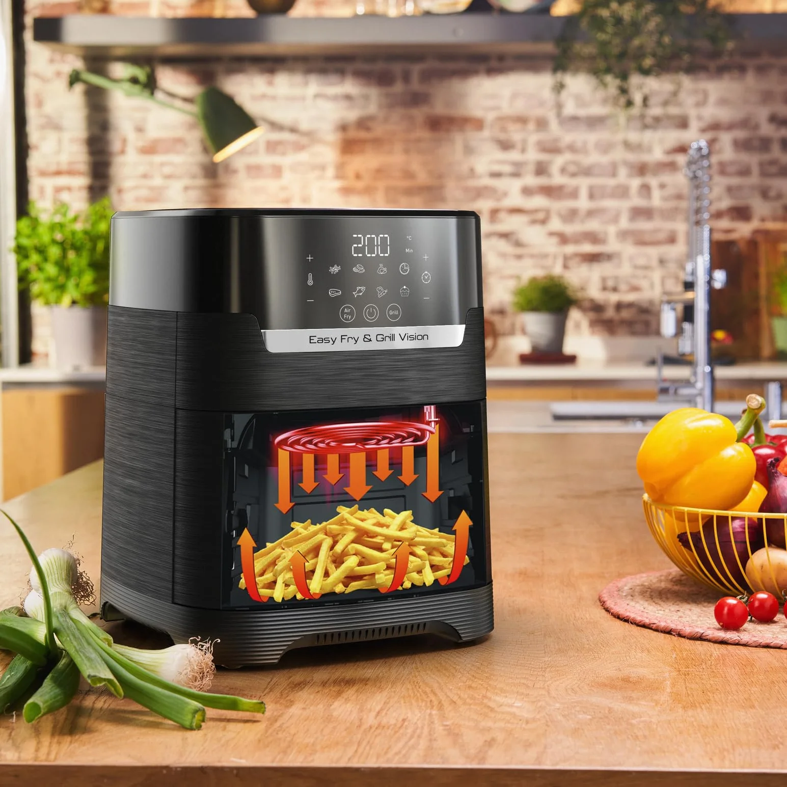 TEFAL EY5068 Easy Fry&Grill Vision Frytkownica beztłuszczowa na gorące powietrze, 4,2 l, grill, technologia Extra Crisp, energooszczędna, ekran dotykowy, 8 programów automatycznych, aplikacja, czarny