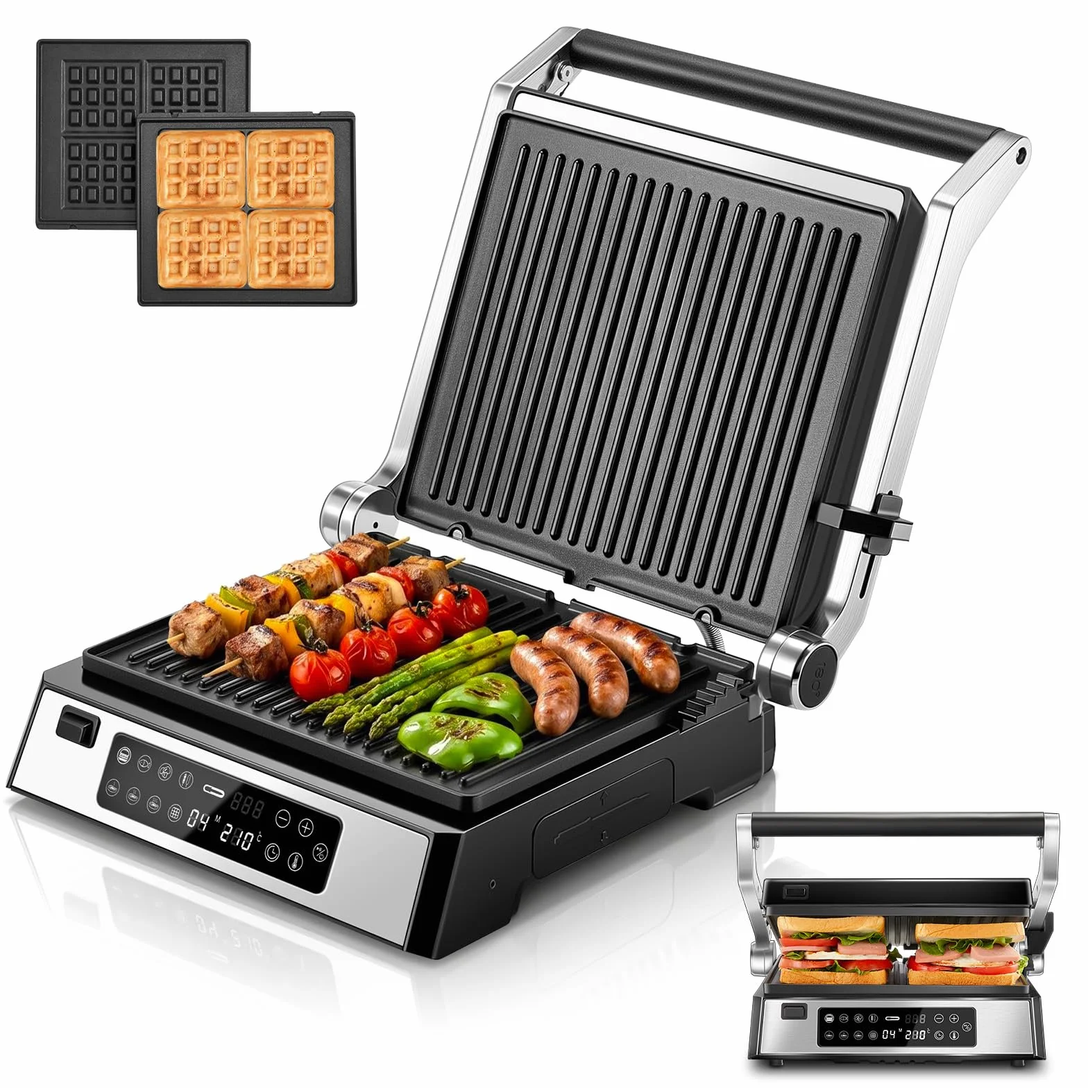 FOHERE Grill kontaktowy XL 4 w 1, opiekacz do kanapek i gofrownica 2200 W, z 4 zdejmowanymi płytami