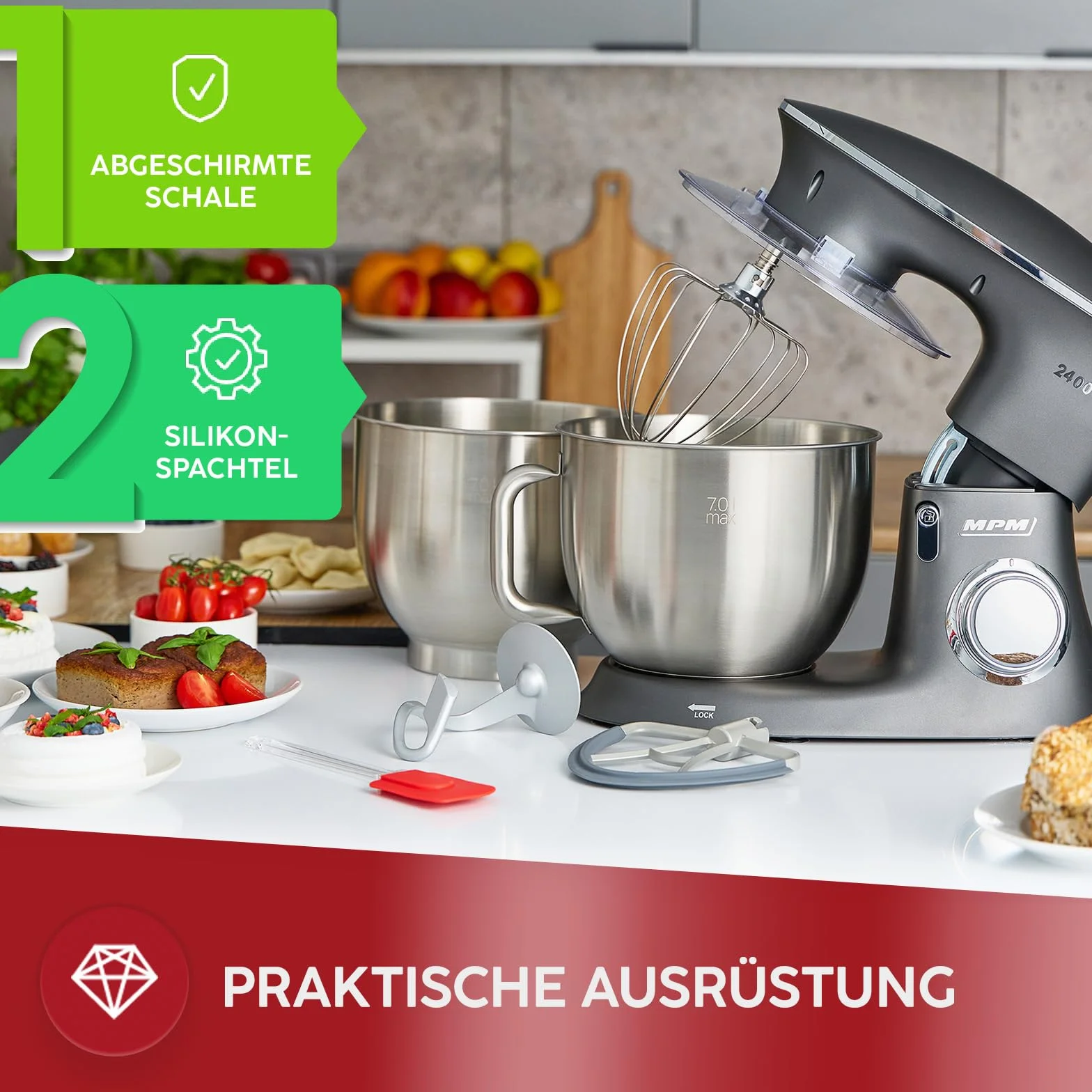 MPM Planetarny robot kuchenny MRK-23 – wielofunkcyjny mikser kuchenny 7 l – urządzenia kuchenne o wszechstronnym zastosowaniu, 2400 W, dwie miski, trzy wymienne trzepaczki