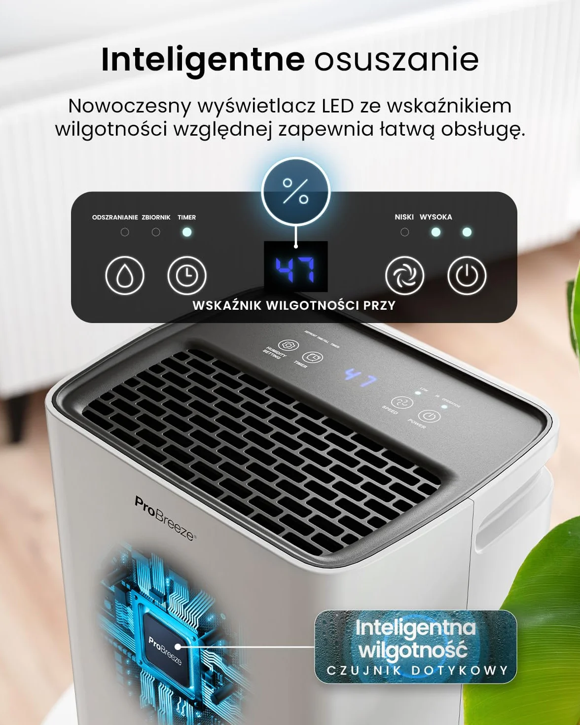 Osuszacz powietrza Pro Breeze 12 L z kompresorem, zbiornikiem 2 L, funkcją suszenia prania i automatycznym czujnikiem wilgotności, timer 24 h