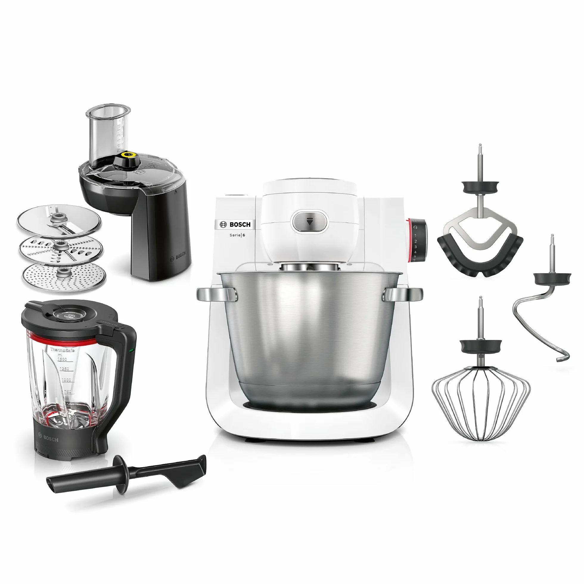 Bosch, robot kuchenny, Series 6, 1600 W, mieszanie planetarne 3D, zestaw cukierniczy, tarka wielofunkcyjna, szklany blender ThermoSafe, biało-srebrny ze stali nierdzewnej, MUMS6EW22