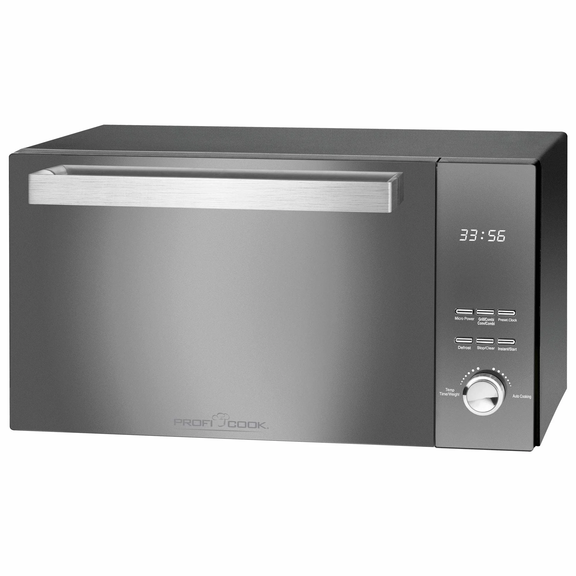 ProfiCook PC-MWG 1204 kuchenka mikrofalowa z grillem, pojemność 23 l, moc kuchenki mikrofalowej 800 W, moc grillowania 1000 W, podwójne przeszklone pionowe drzwi z wysokiej jakości uchwytem ze stali nierdzewnej, kolor czarny