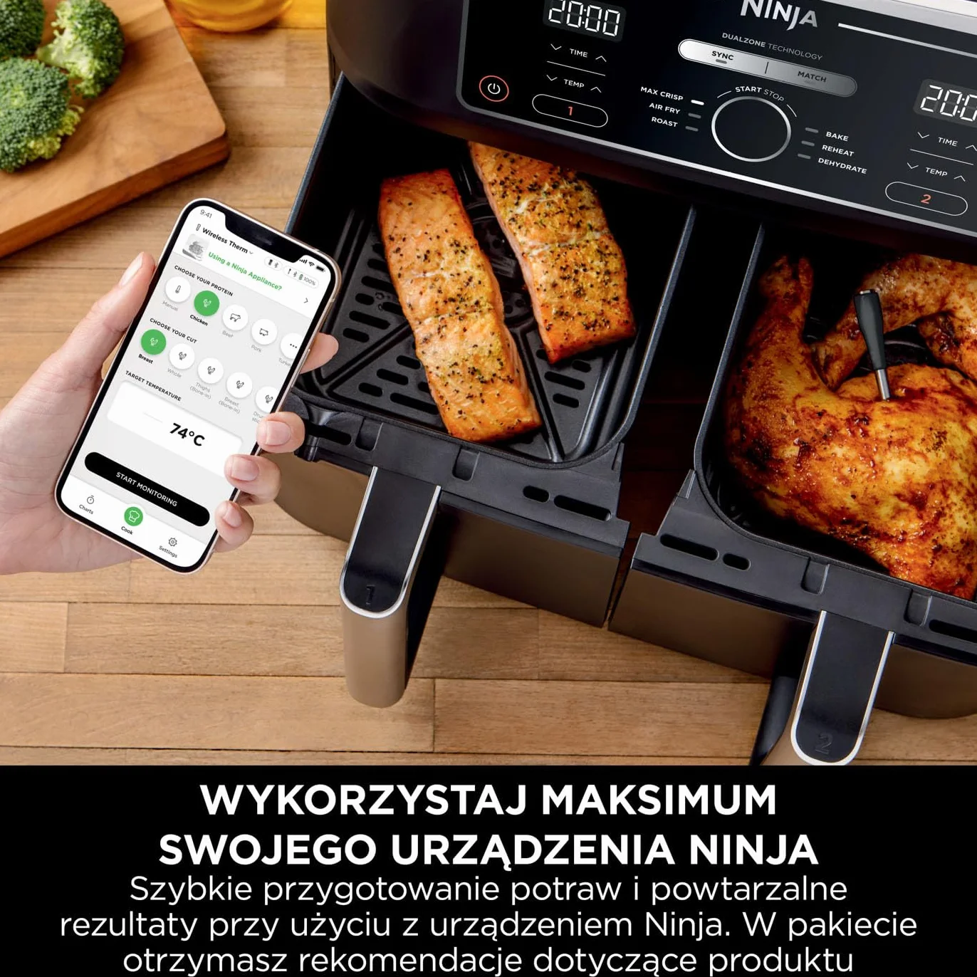 Ninja ProChef Bezprzewodowy Termometr do Mięsa, do Użytku na Zewnątrz i Wewnątrz, do Gotowania, Grillowania i Smażenia Beztłuszczowego, Wodoodporny, Zasięg Bluetooth 50 m, Bateriia na 30 h, WP100EU