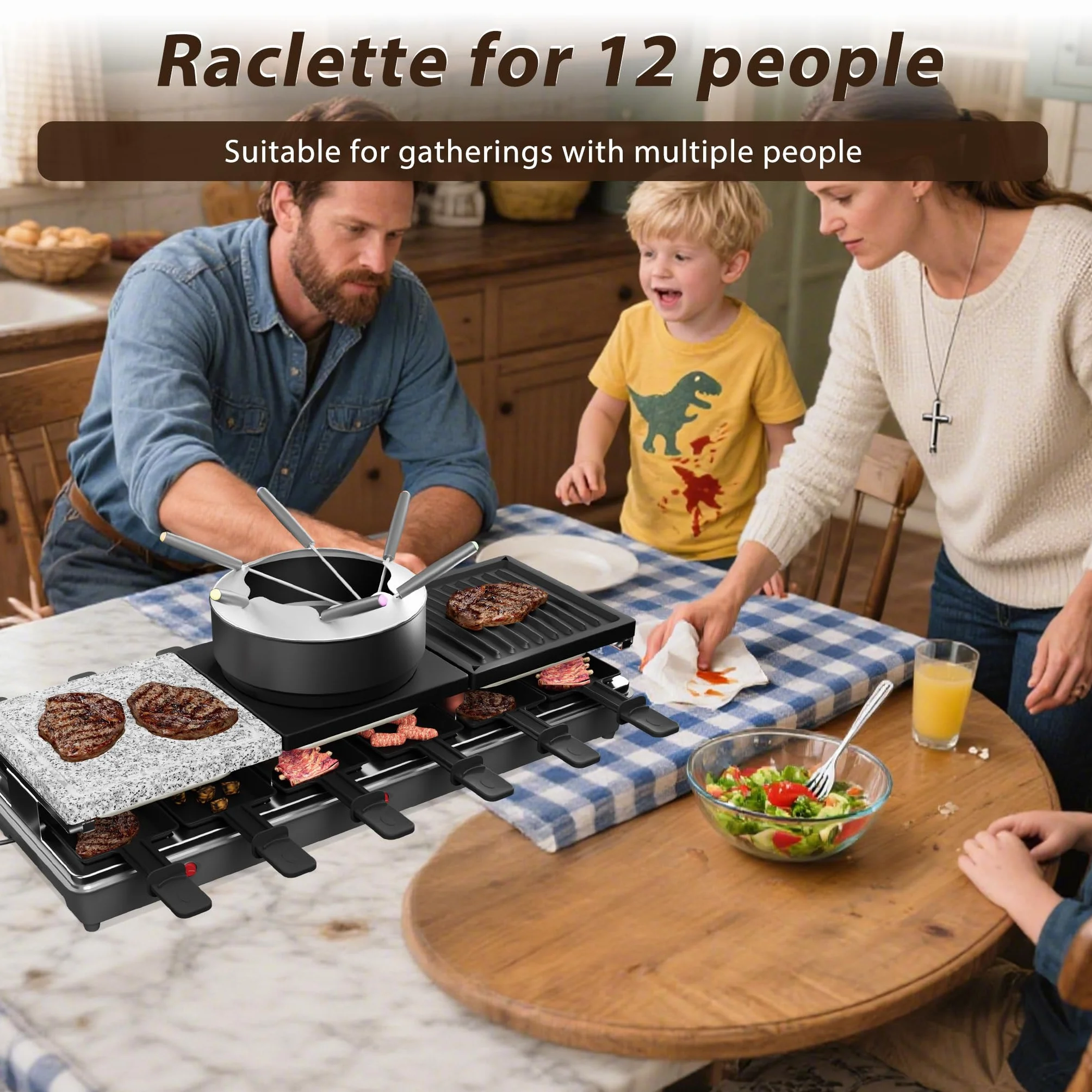 ACXIN Grill do raclette 3 w 1 i zestaw do fondue 1650 W dla 12 osób z płytą kamienną