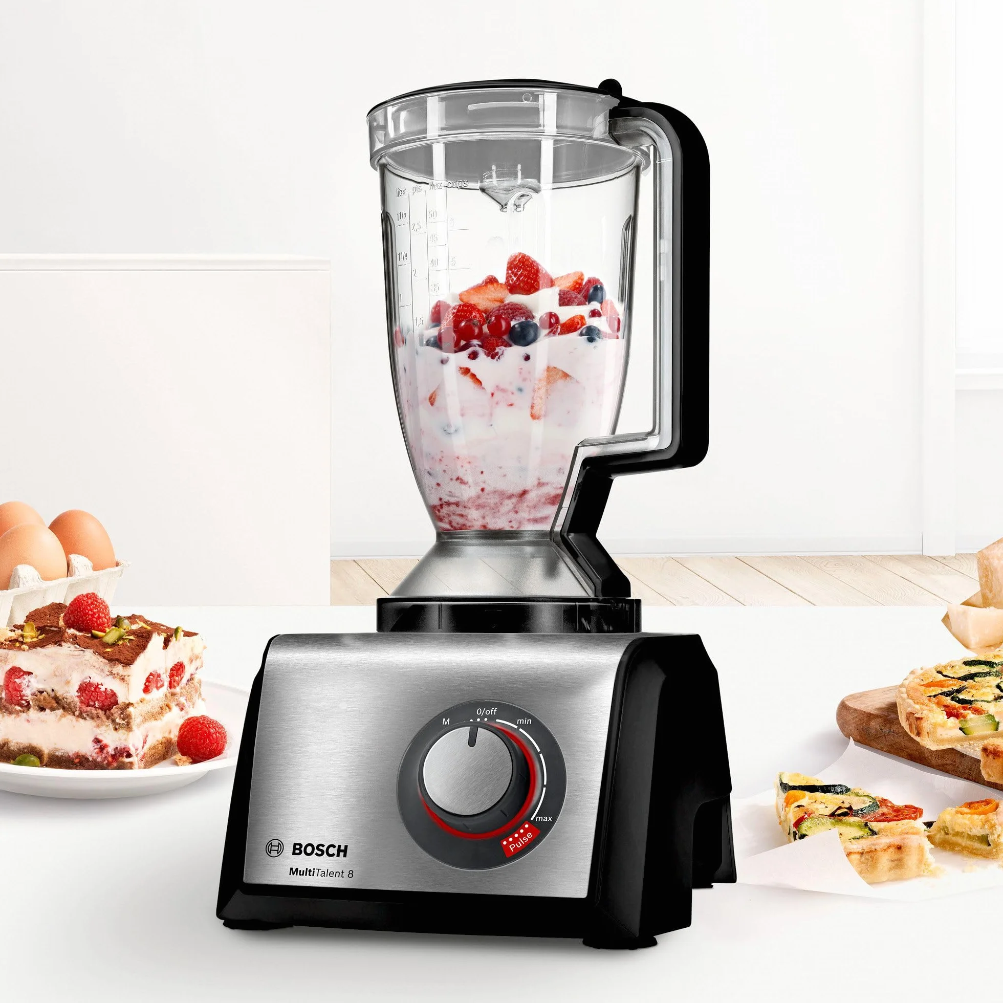 Bosch MultiTalent 8, Robot kuchenny z tarczą do frytek i młynkiem do ziaren, 1250 W, duża misa 3,9 l, mikser 1,5 l, wyciskarka do cytrusów, wyświetlacz LED, MC812M844, biały, szczotkowana stal