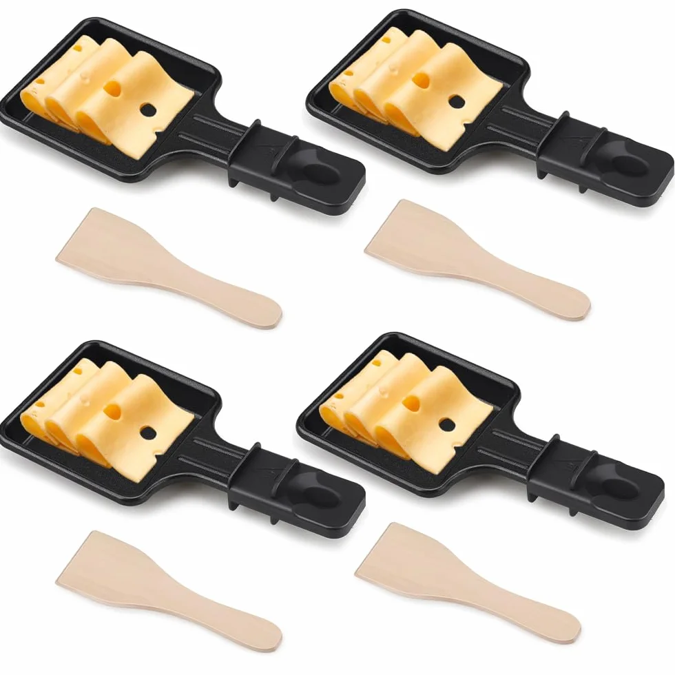Mini zestaw 4 patelni z powłoką nieprzywierającą, patelnie do grillowania sera, z 4 drewnianymi łopatkami, przeznaczony do uniwersalnego grillowania elektrycznego, odpowiedni do grillowania sera, jaj