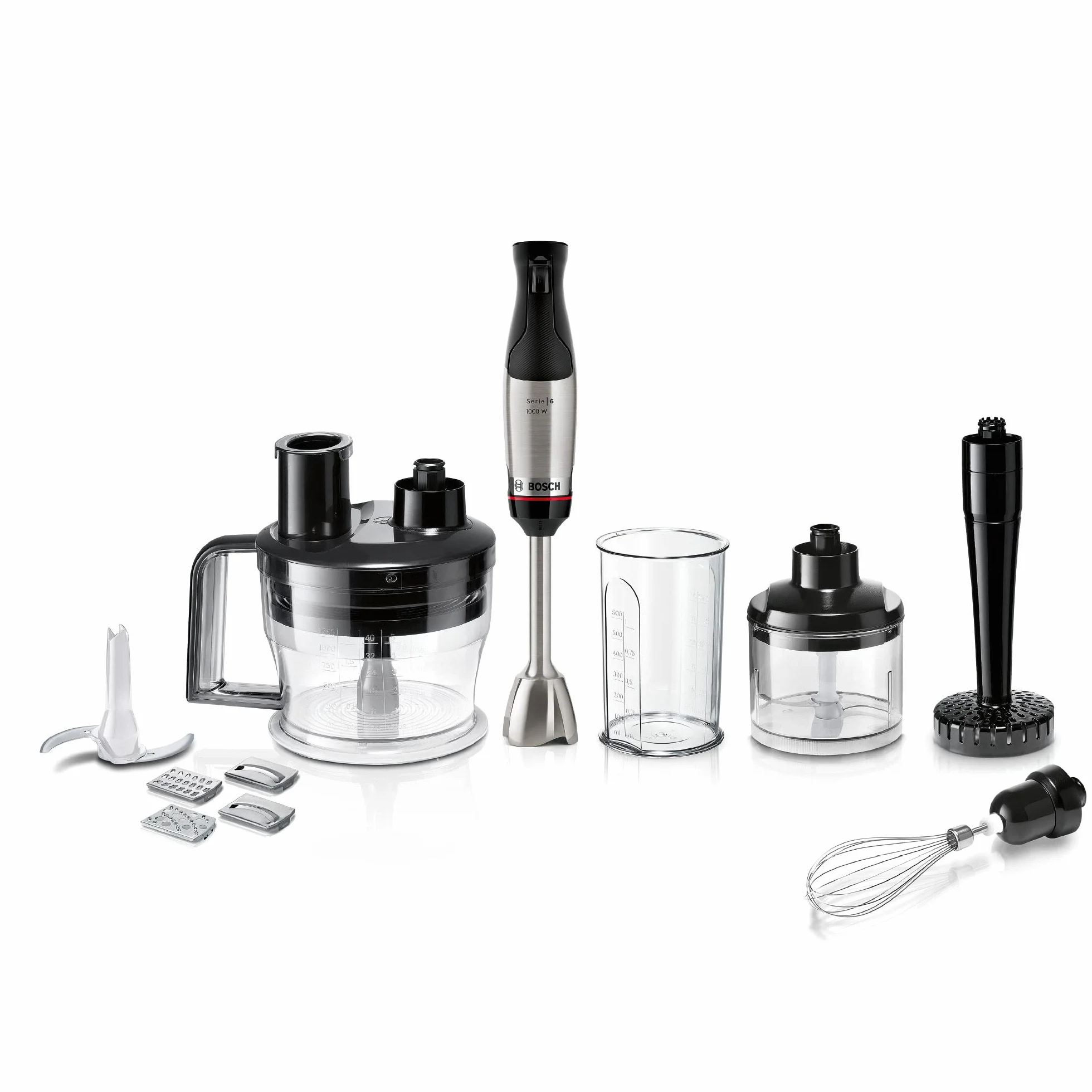 Bosch Blender Ręczny ErgoMaster Serie 6 MSM6M673, 1000 W, 4 Ostrza ze Stali Nierdzewnej, Wygodne sterowanie, Rozdrabniacz, Końcówka do Puree, Trzepaczka, Czarny/Srebrny