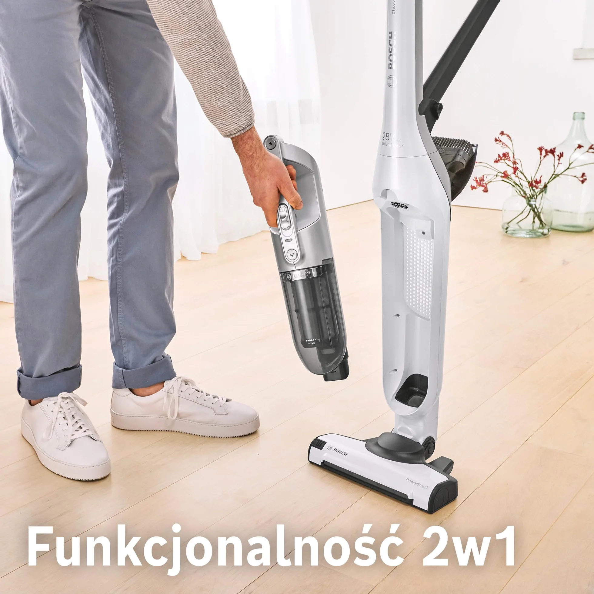 Bosch, Flexxo Gen2 Serie 4, 28 Vmax, 2w1, bezprzewodowy, bezworkowy, odkurzacz ręczny i pionowy, zintegrowane akcesoria, polar white metallic, BBH3ALL28