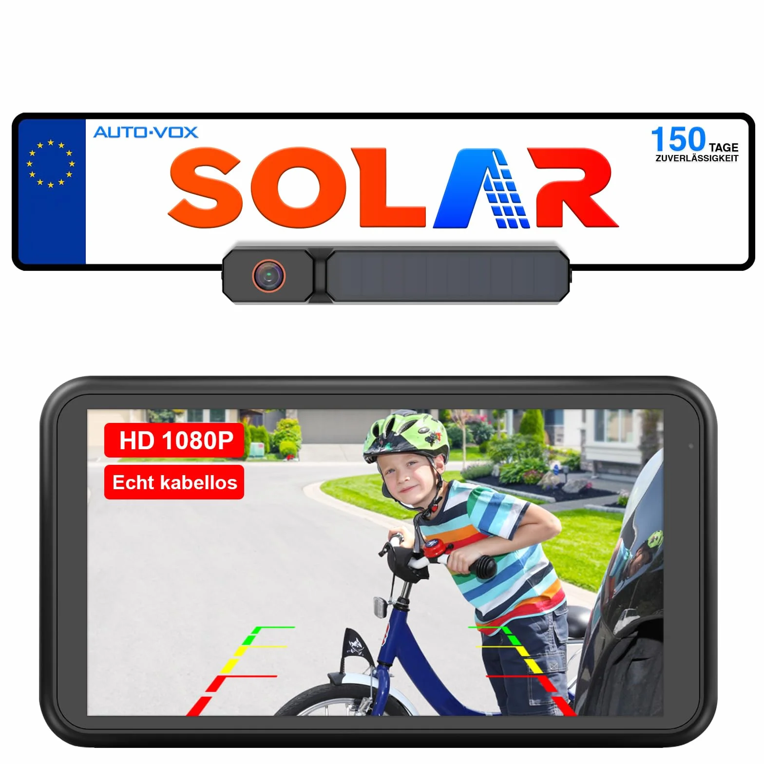 AUTO-VOX Solar Bezprzewodowa Kamera Cofania z 5-Calowym Monitorem 1080P: Akumulator 5000 MAh, 2 Minuty Instalacji, Wodoodporna Kamera Cofania IP69K do Samochodów Dostawczych/SUV/Ciężarówek/Przyczep