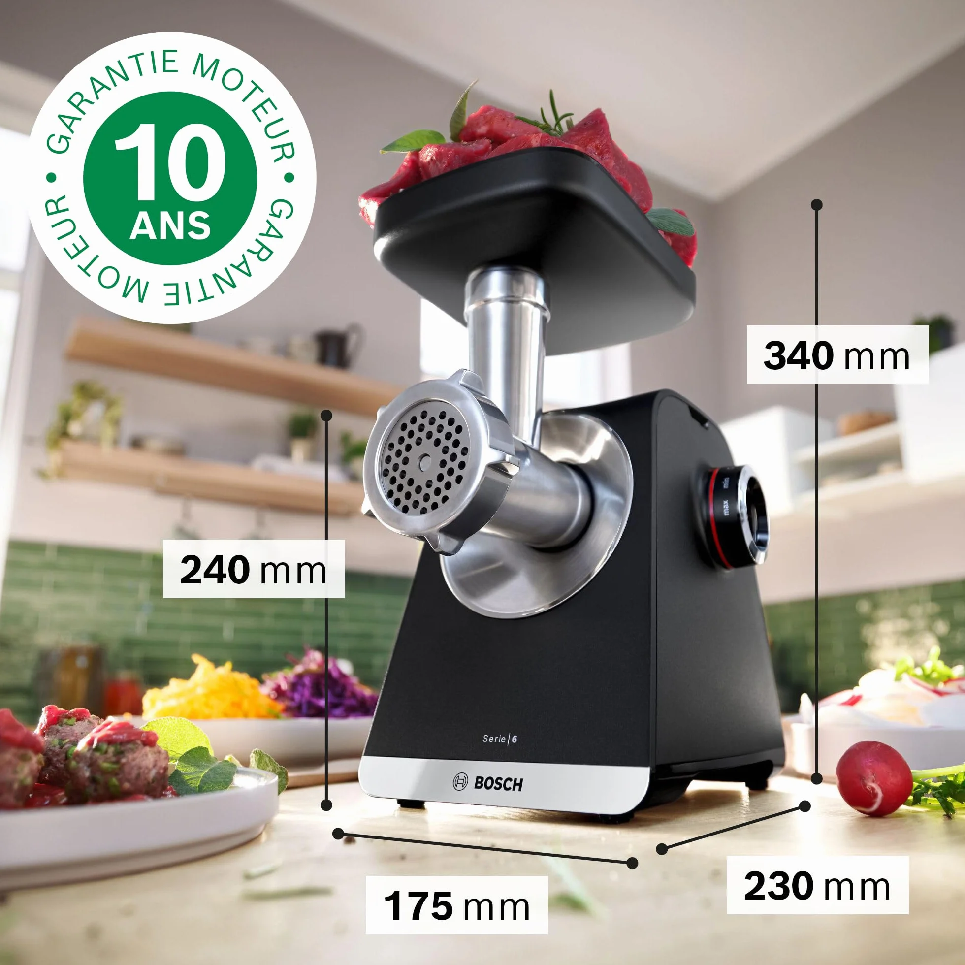 Bosch maszynka do mięsa seria 6 MFWS682B, 3,5 kg/min, wyciskarka do cytrusów, tarka, ubijak do kiełbasy, 2 tarcze perforowane (3 i 8 mm), silnika 10 J, przekładnia planetarna, czarna