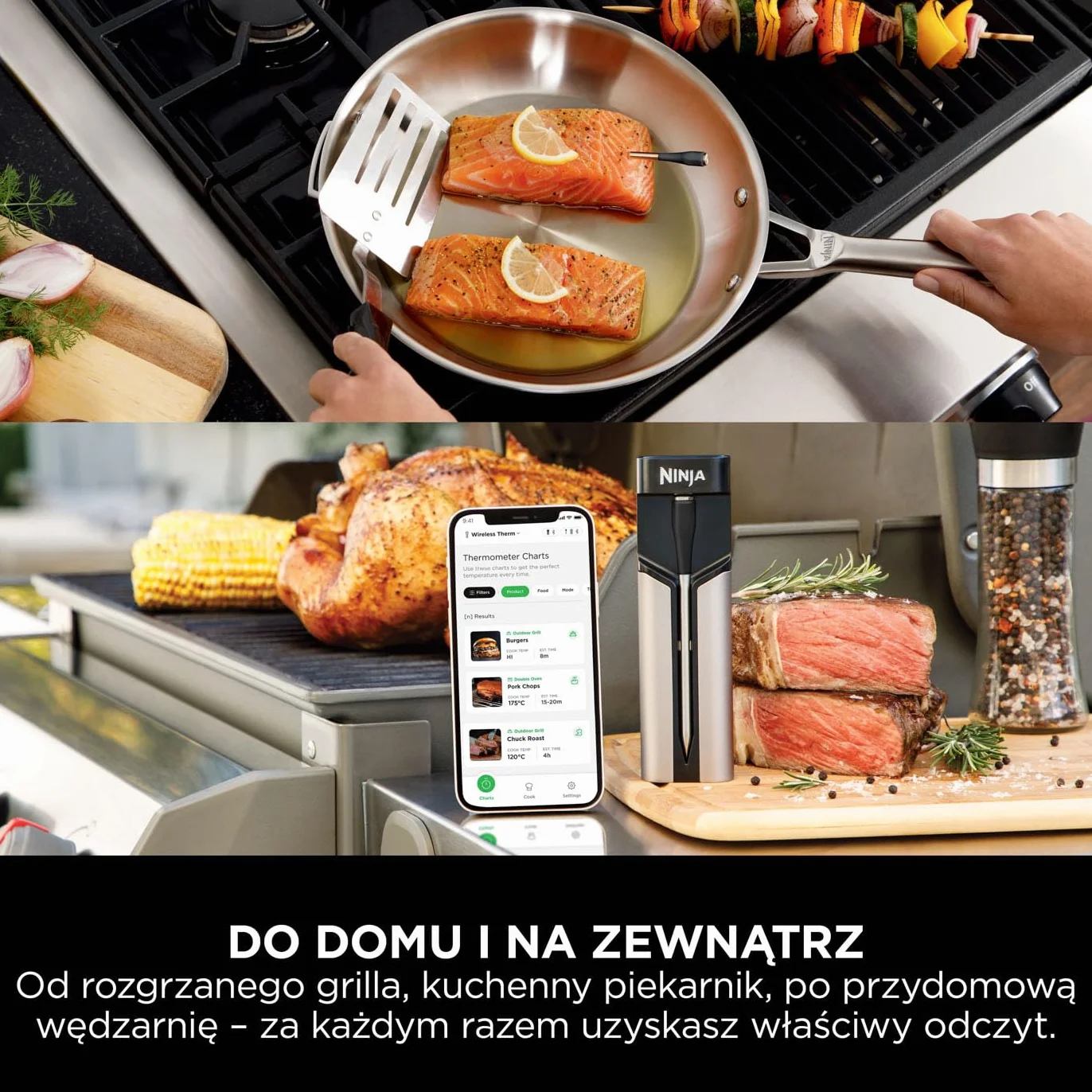 Ninja ProChef Bezprzewodowy Termometr do Mięsa, do Użytku na Zewnątrz i Wewnątrz, do Gotowania, Grillowania i Smażenia Beztłuszczowego, Wodoodporny, Zasięg Bluetooth 50 m, Bateriia na 30 h, WP100EU